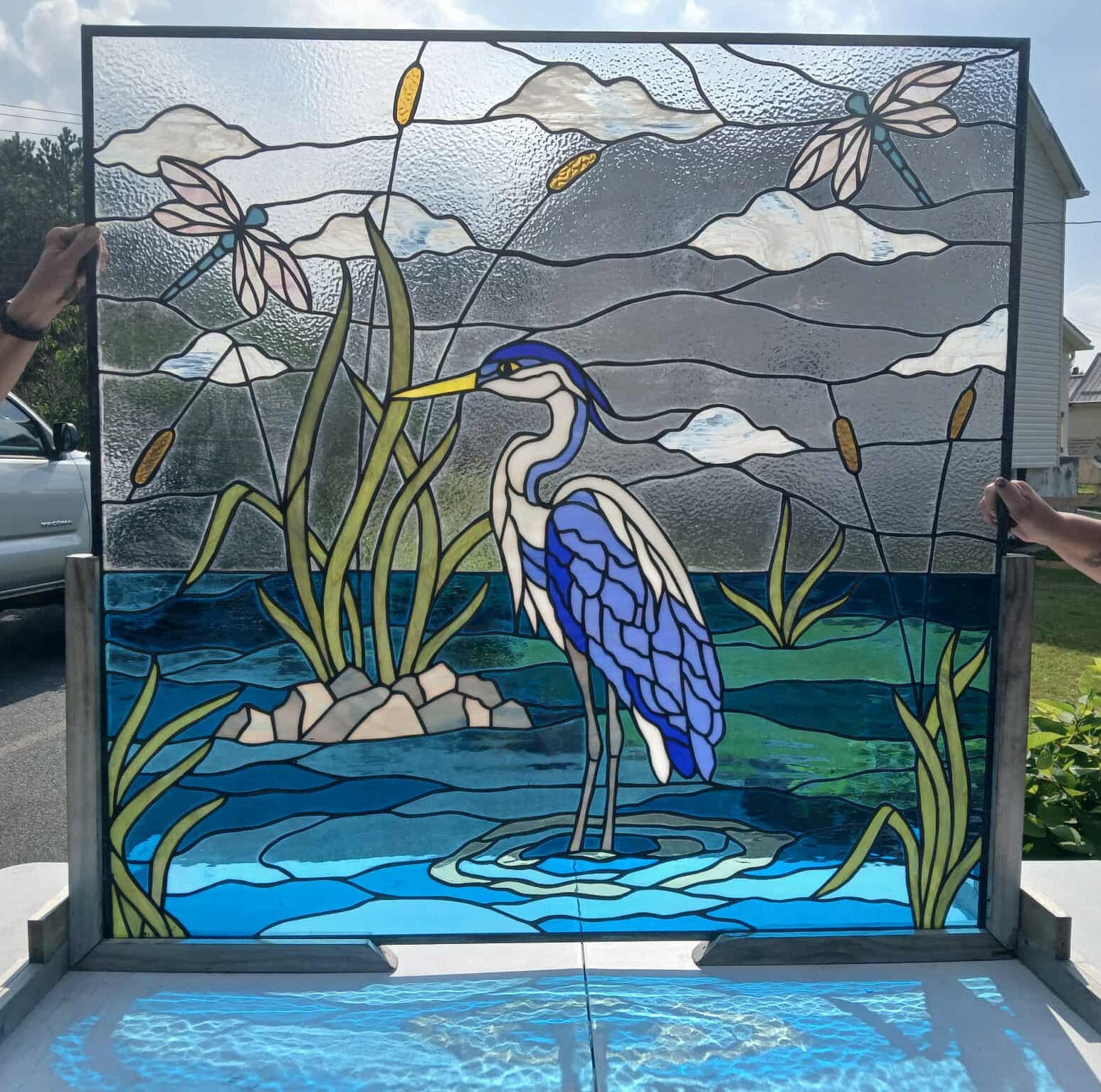Serene Heron Sanctuary: Artisanal Stained Glass Waterscape Window W-569 - Image 12