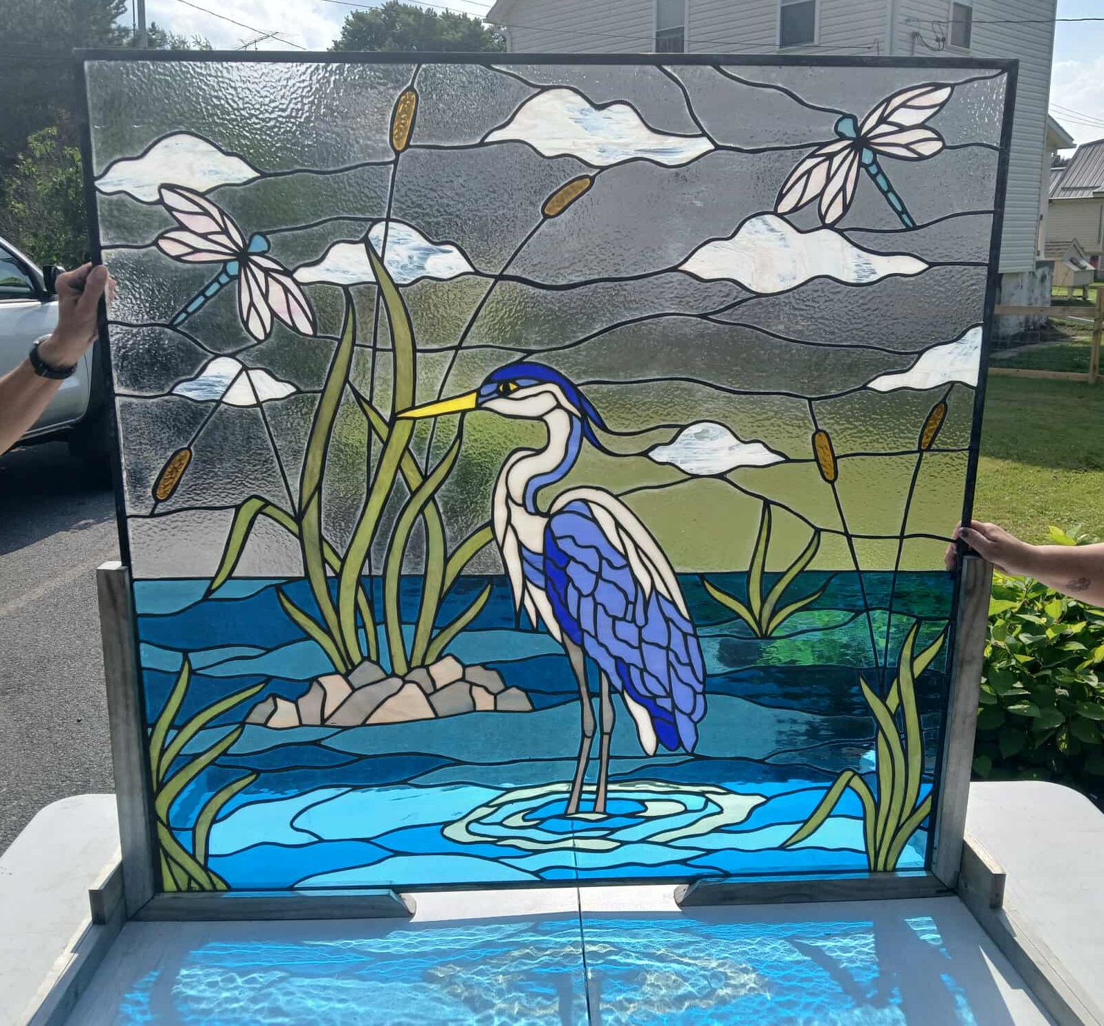 Serene Heron Sanctuary: Artisanal Stained Glass Waterscape Window W-569 - Image 11
