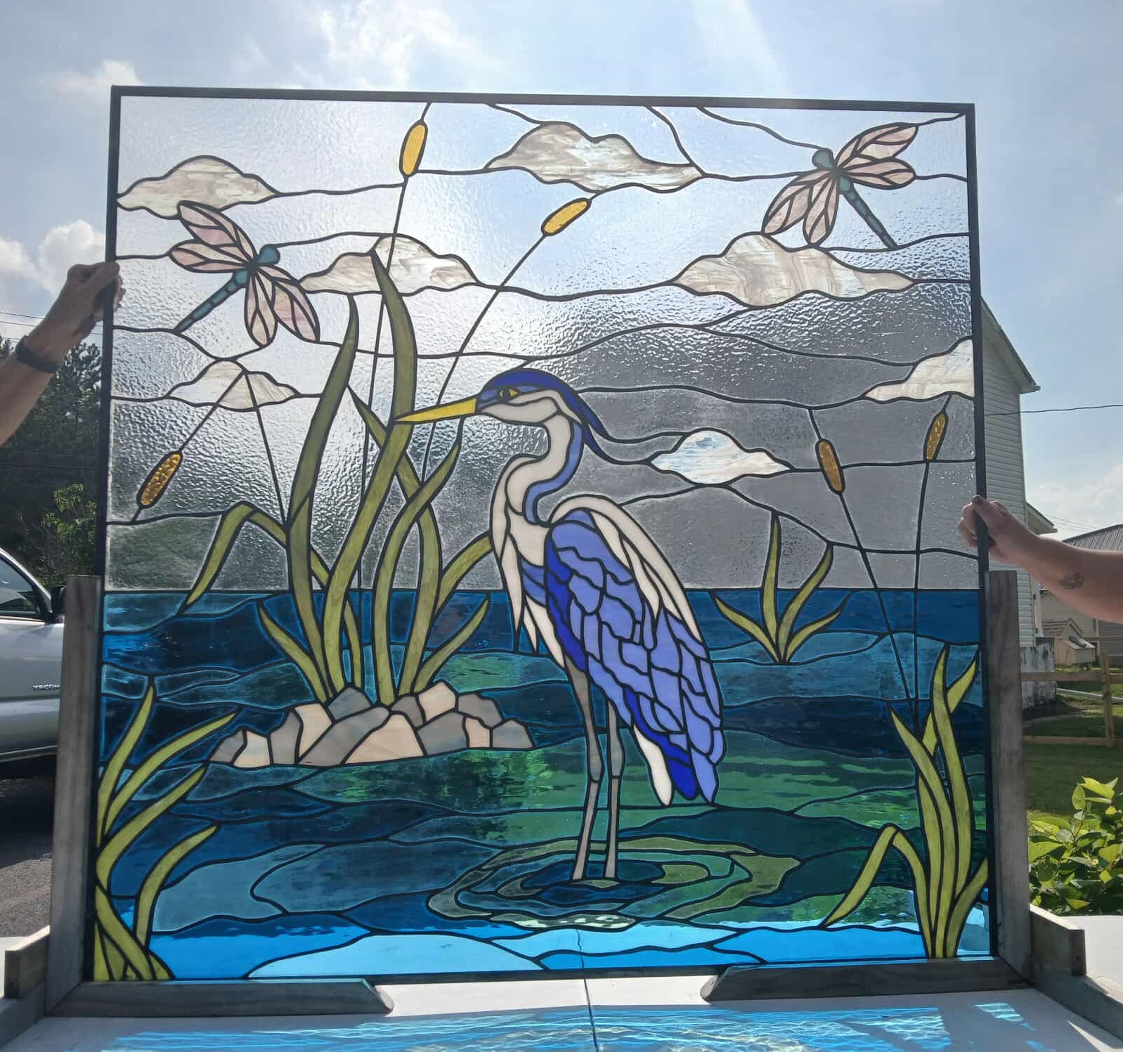 Serene Heron Sanctuary: Artisanal Stained Glass Waterscape Window W-569 - Image 10