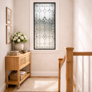 Handcrafted Geometric Stained Glass and Beveled Diamond Panel for Elegant Space Window - Soft Natural Light & Timeless Privacy Design W-530