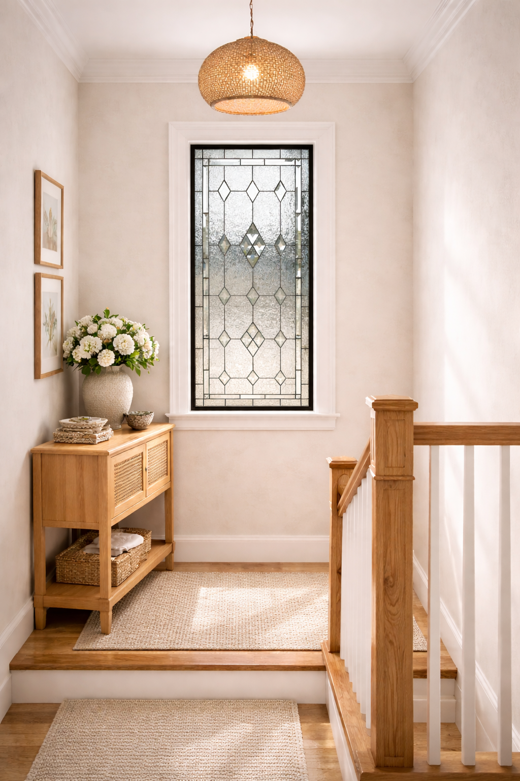 Handcrafted Geometric Stained Glass and Beveled Diamond Panel for Elegant Space Window - Soft Natural Light & Timeless Privacy Design W-530