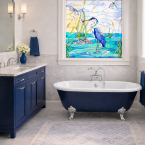Serene Heron Sanctuary: Artisanal Stained Glass Waterscape Window W-569