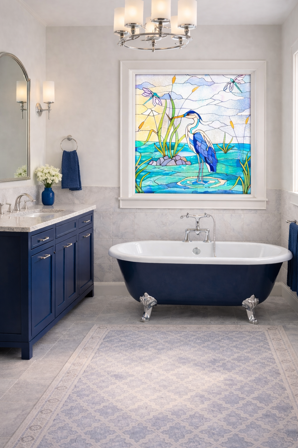 Serene Heron Sanctuary: Artisanal Stained Glass Waterscape Window W-569