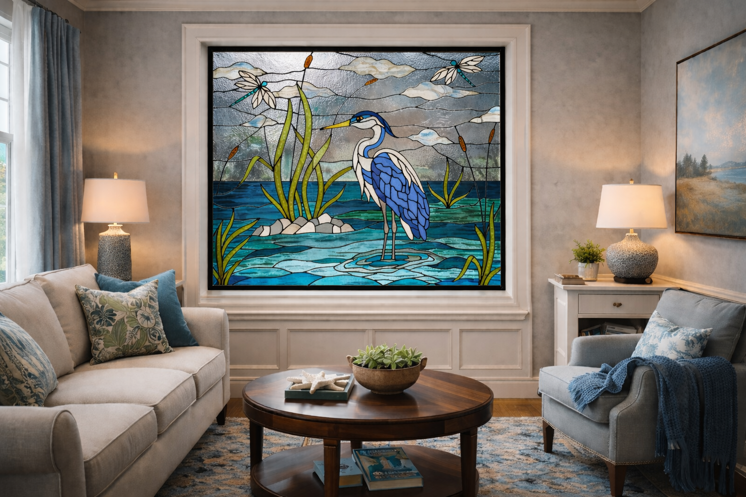 Serene Heron Sanctuary: Artisanal Stained Glass Waterscape Window W-569 - Image 8