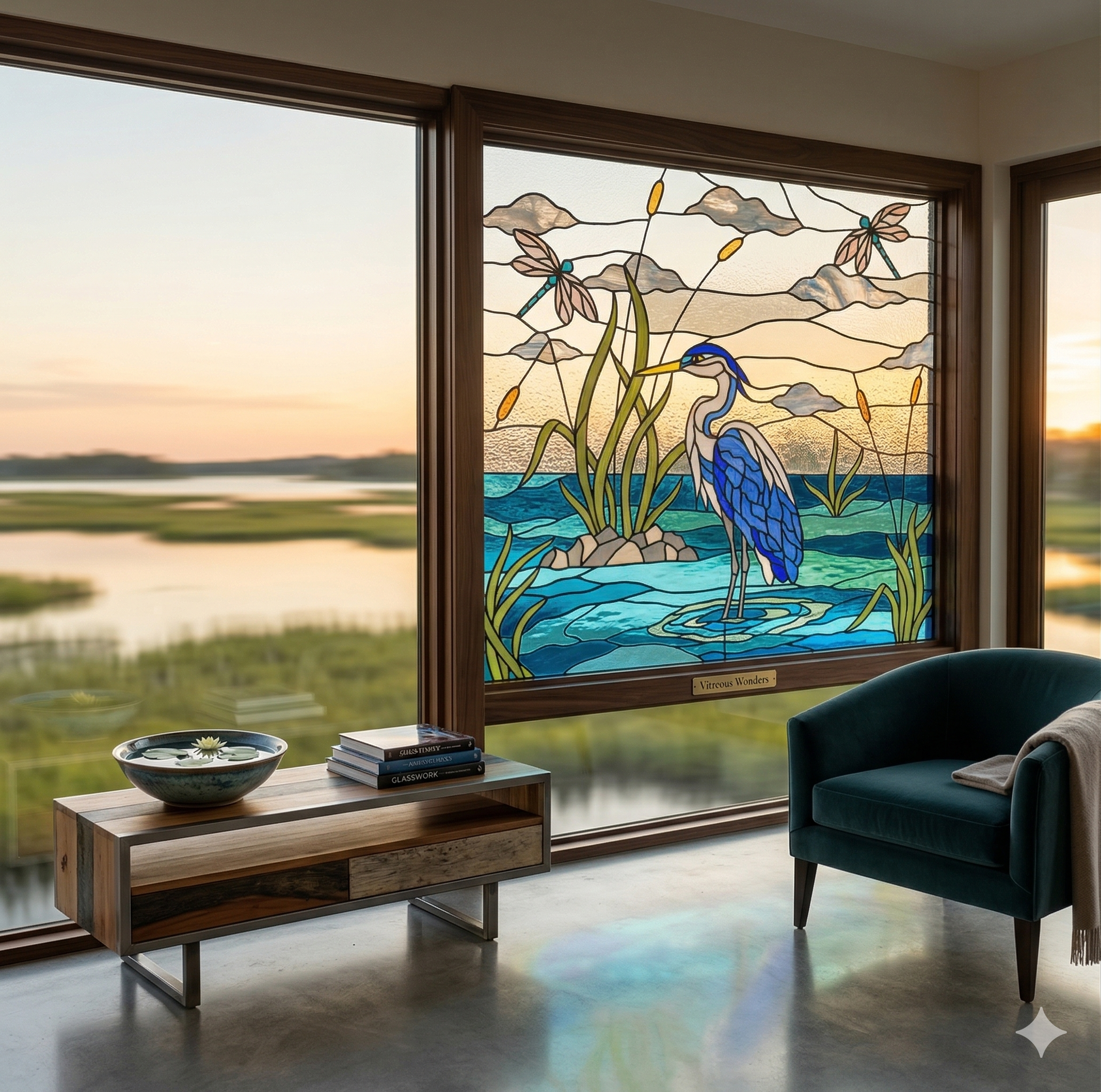 Serene Heron Sanctuary: Artisanal Stained Glass Waterscape Window W-569 - Image 7