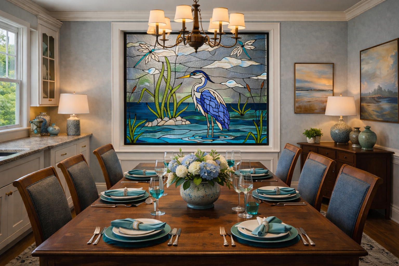 Serene Heron Sanctuary: Artisanal Stained Glass Waterscape Window W-569 - Image 2