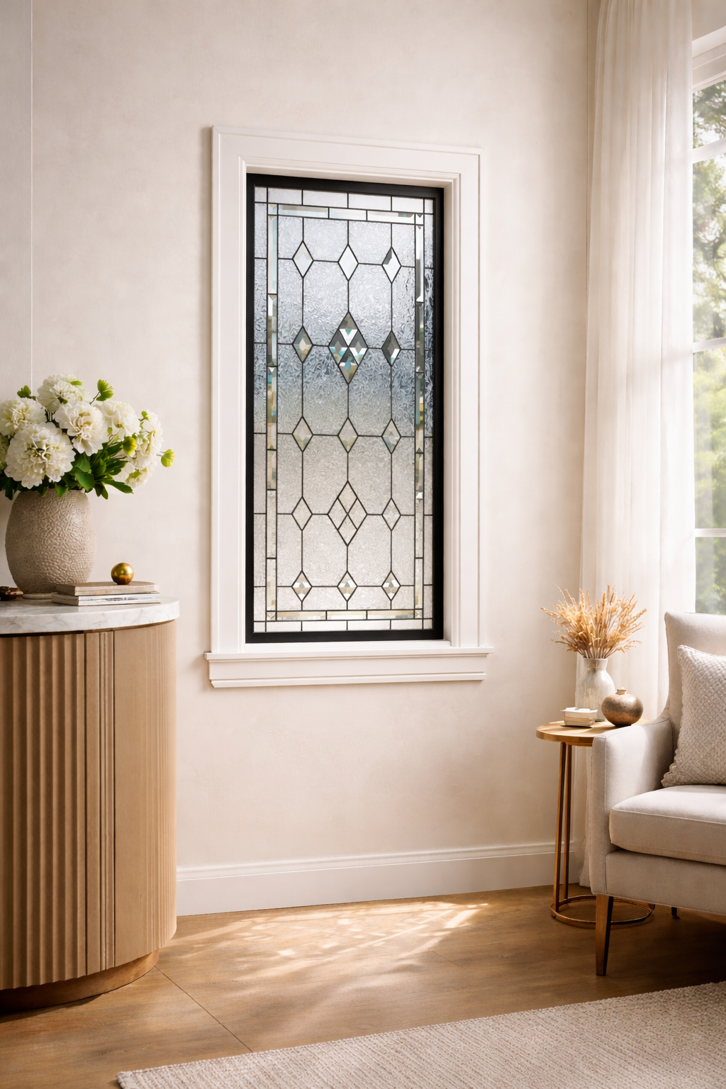 Handcrafted Geometric Stained Glass and Beveled Diamond Panel for Elegant Space Window - Soft Natural Light & Timeless Privacy Design W-530 - Image 2