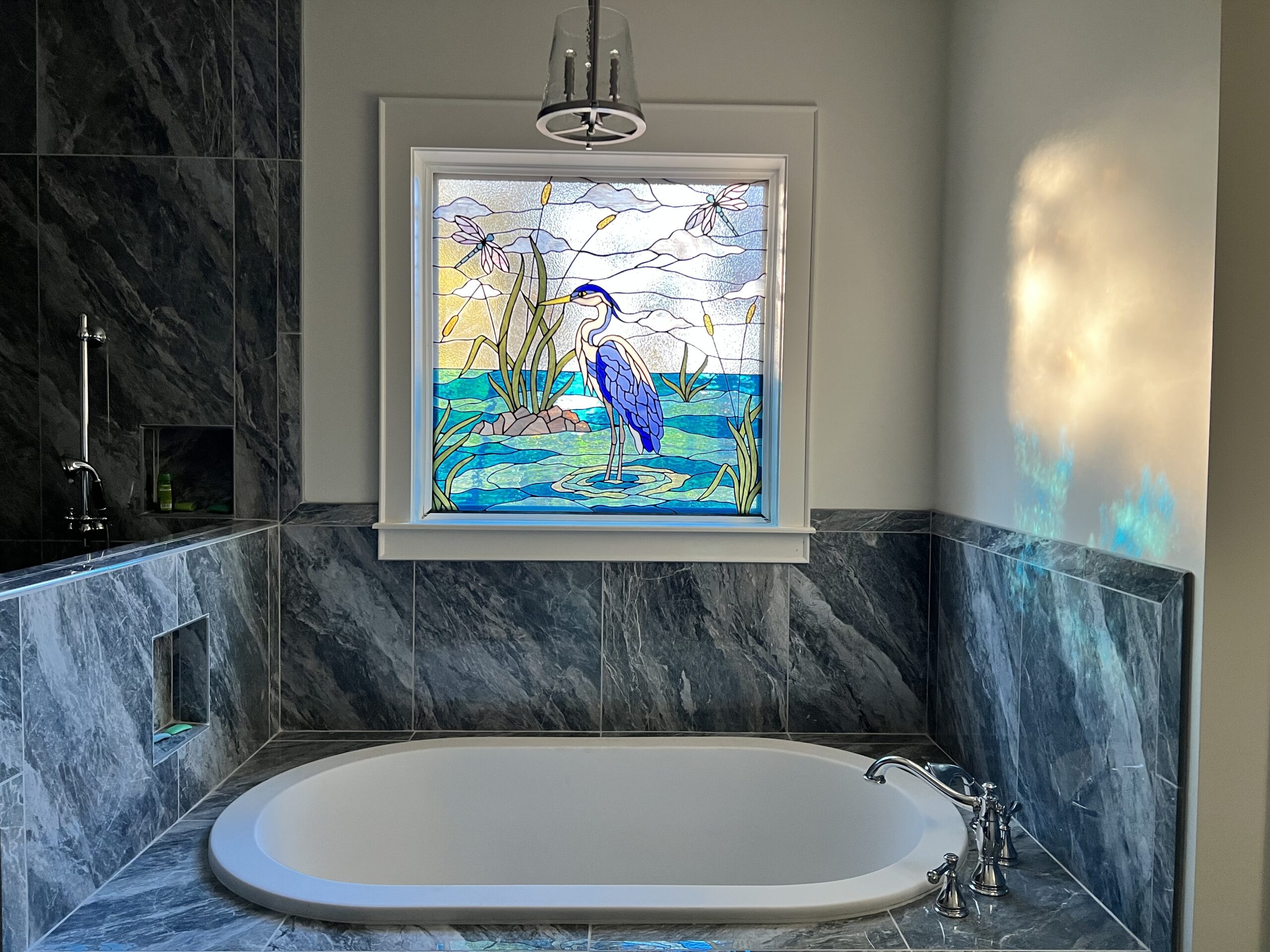 Serene Heron Sanctuary: Artisanal Stained Glass Waterscape Window W-569 - Image 6