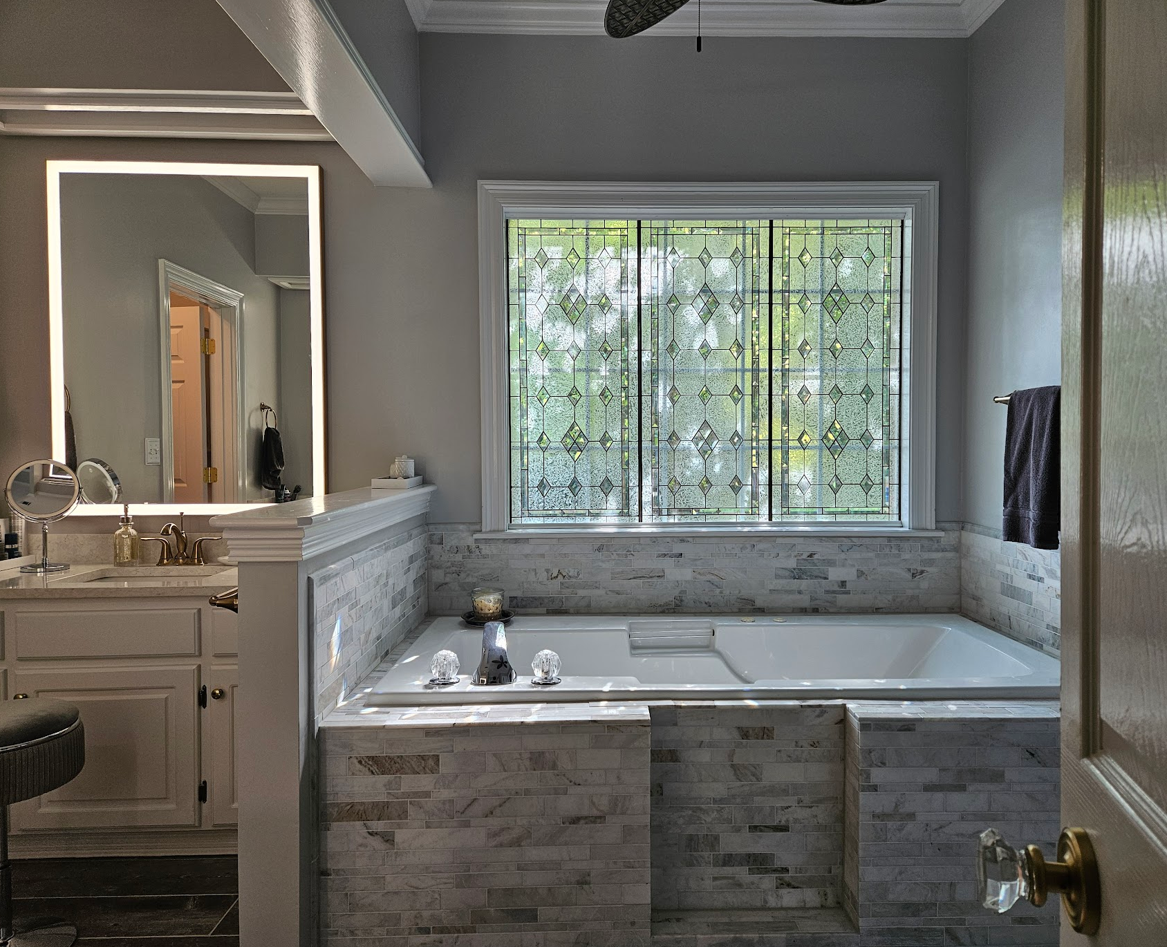 Handcrafted Geometric Stained Glass and Beveled Diamond Panel for Elegant Space Window - Soft Natural Light & Timeless Privacy Design W-530 - Image 9