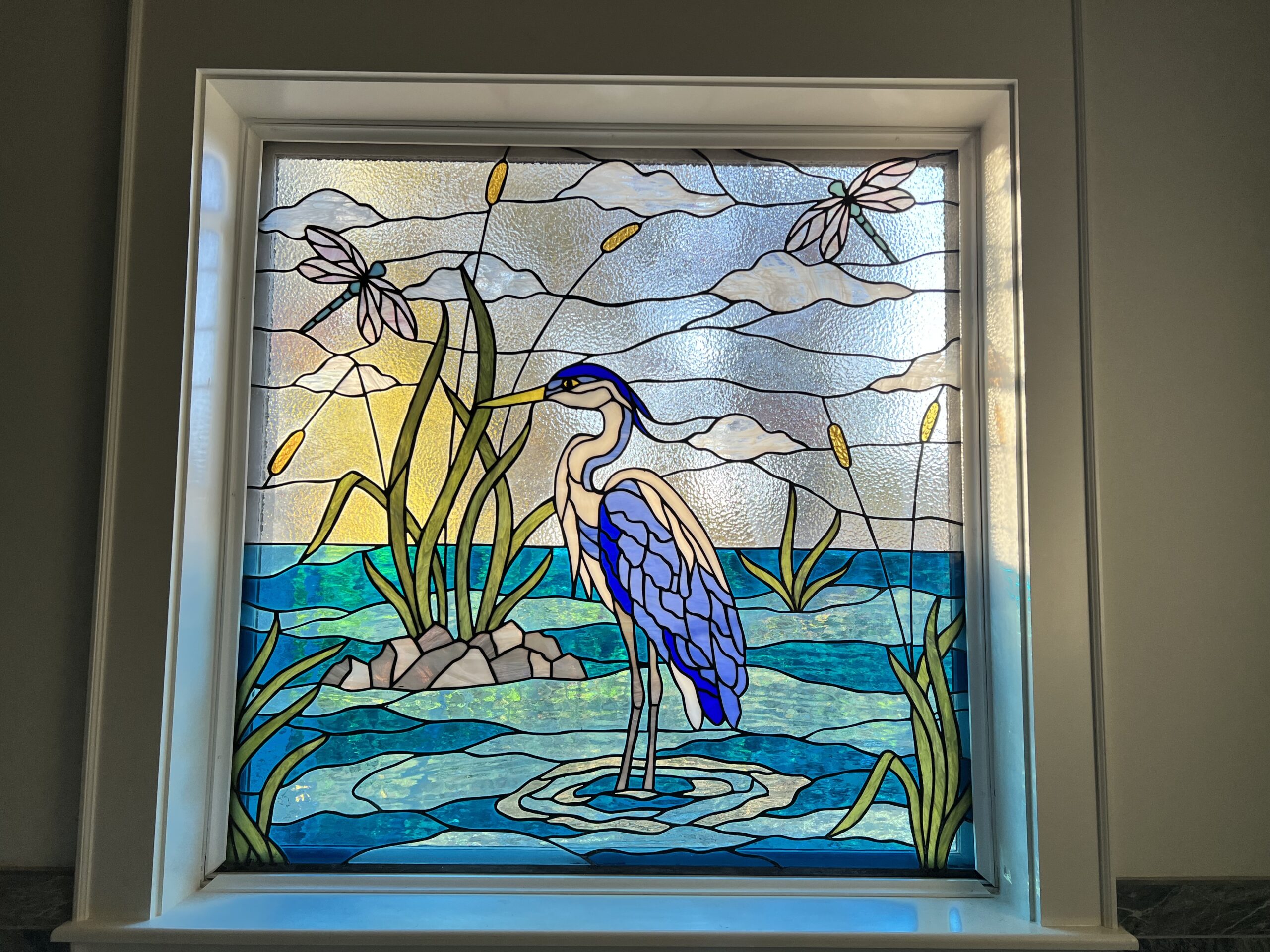 Serene Heron Sanctuary: Artisanal Stained Glass Waterscape Window W-569 - Image 5