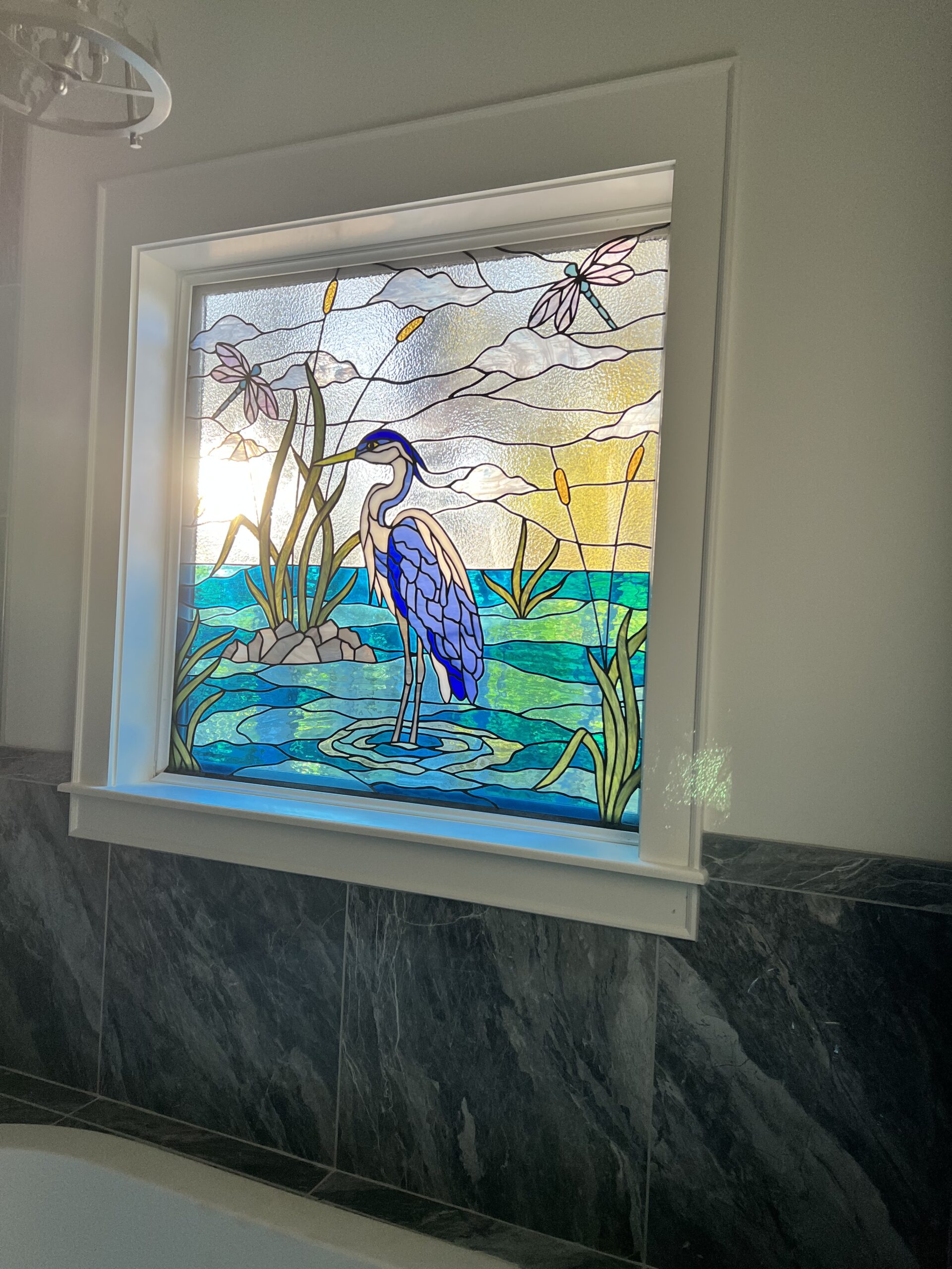 Serene Heron Sanctuary: Artisanal Stained Glass Waterscape Window W-569 - Image 3