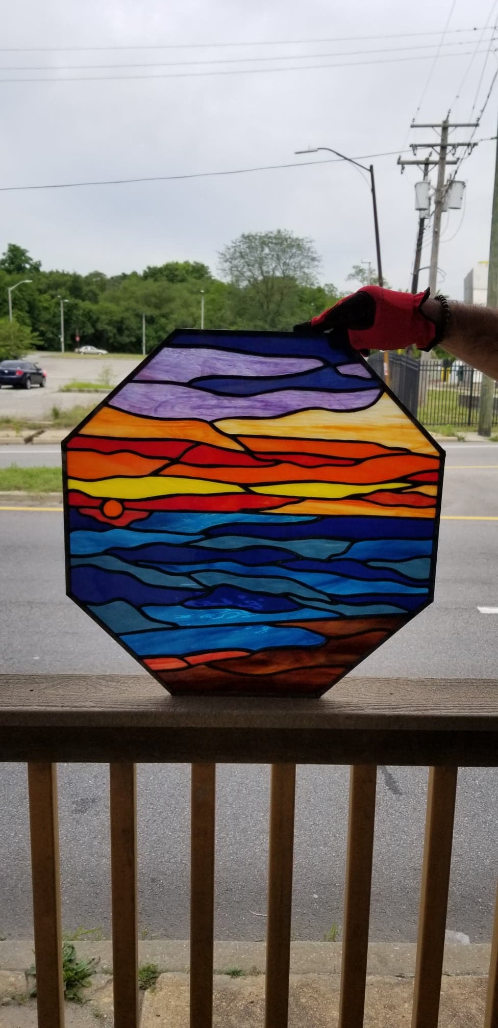 Twilight Horizon: The Octagonal Oceanic Sunset Stained Glass Window W-499 - Image 11