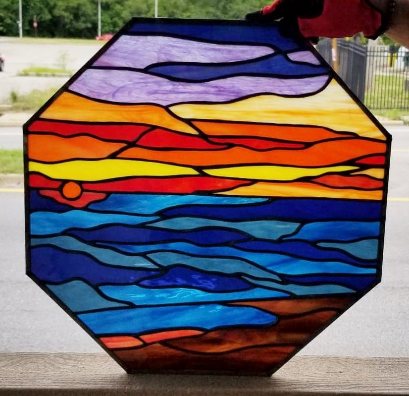Twilight Horizon: The Octagonal Oceanic Sunset Stained Glass Window W-499 - Image 10