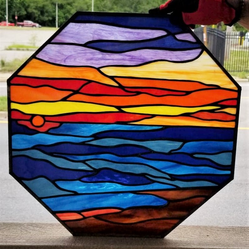 Twilight Horizon: The Octagonal Oceanic Sunset Stained Glass Window W-499 - Image 8