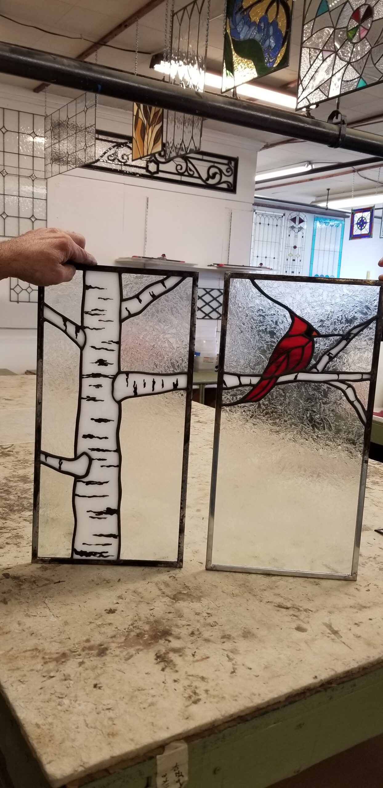 Winter's Watch: A Cardinal & Birch Stained Glass Duo Cabinet Inserts CI-36 - Image 10