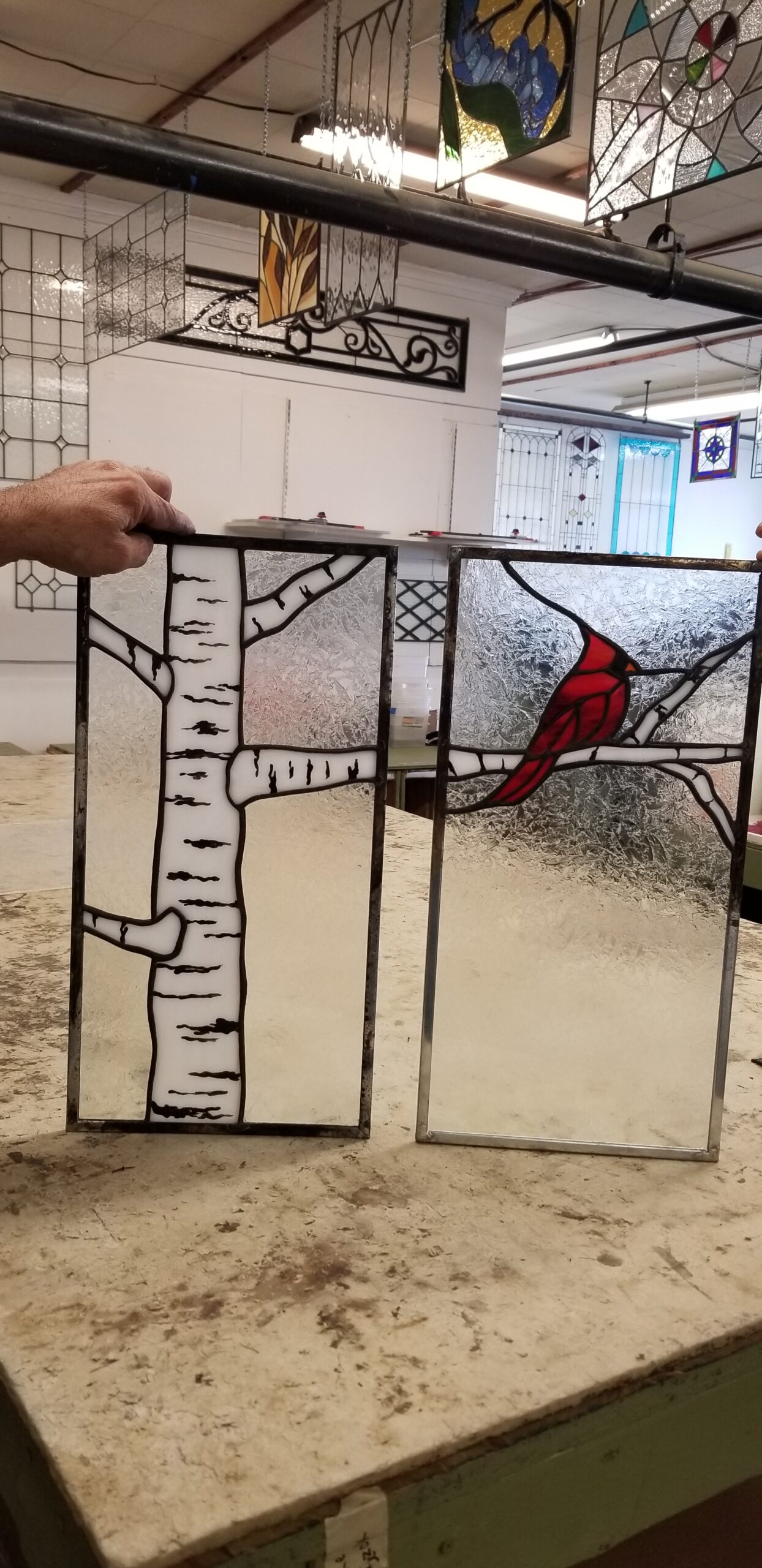 Winter's Watch: A Cardinal & Birch Stained Glass Duo Cabinet Inserts CI-36 - Image 8