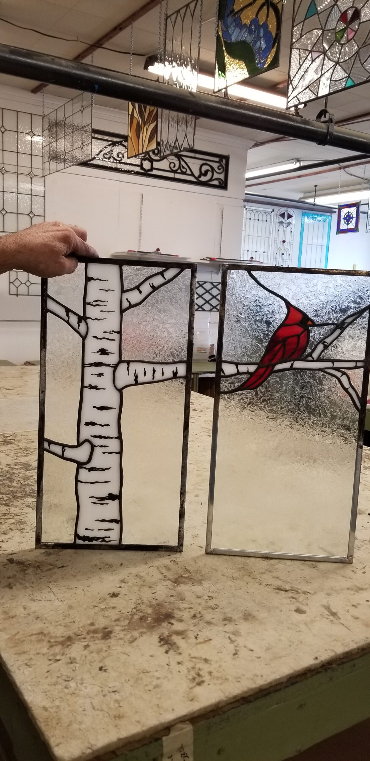 Winter's Watch: A Cardinal & Birch Stained Glass Duo Cabinet Inserts CI-36 - Image 7