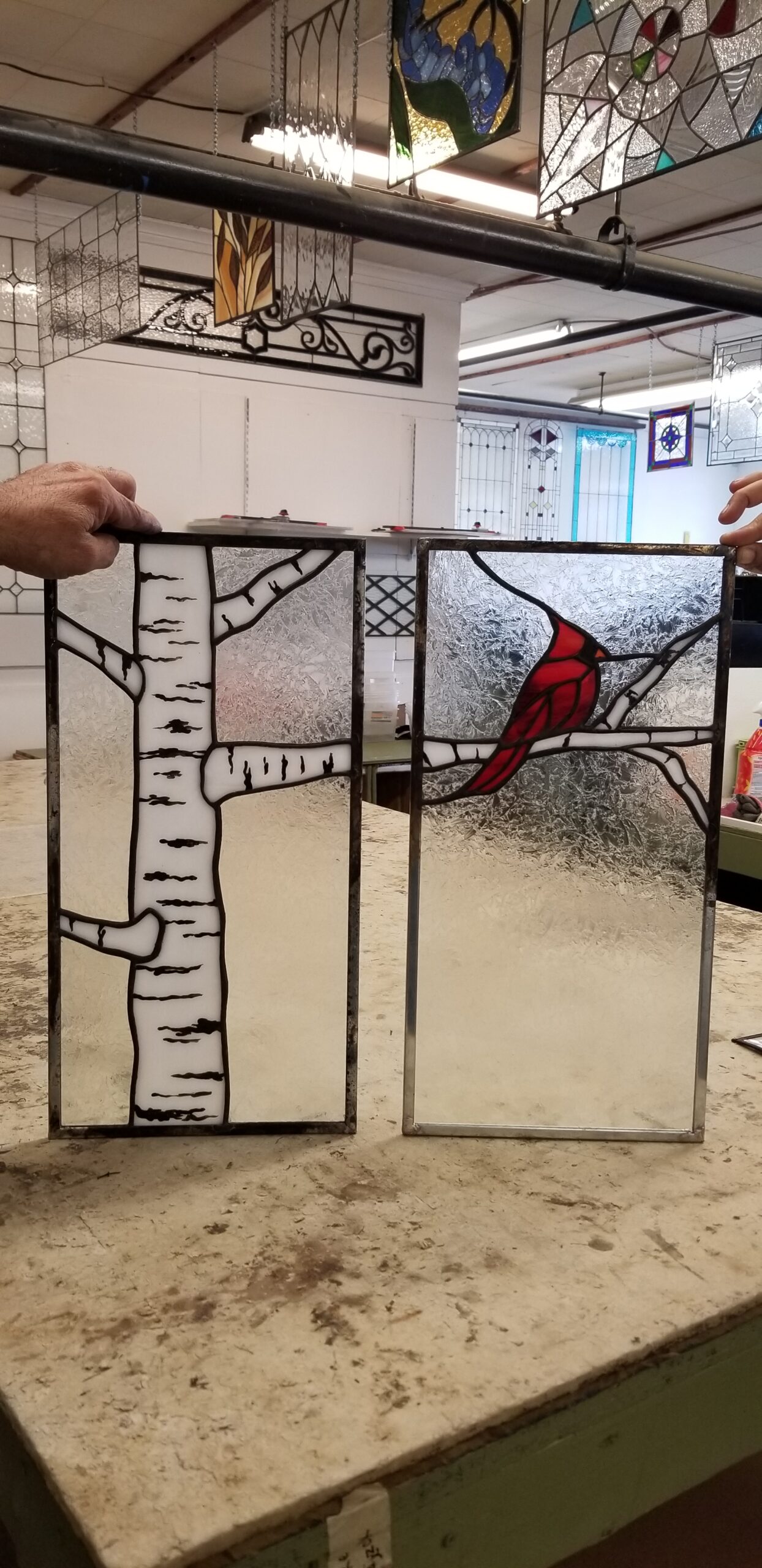 Winter's Watch: A Cardinal & Birch Stained Glass Duo Cabinet Inserts CI-36 - Image 6