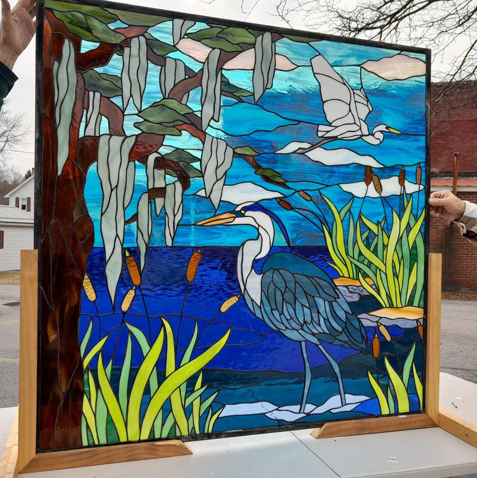 Southern Bayou Serenity: The Blue Heron & Spanish Moss Grand Mural Stained Glass Window Panel P-331 - Image 11