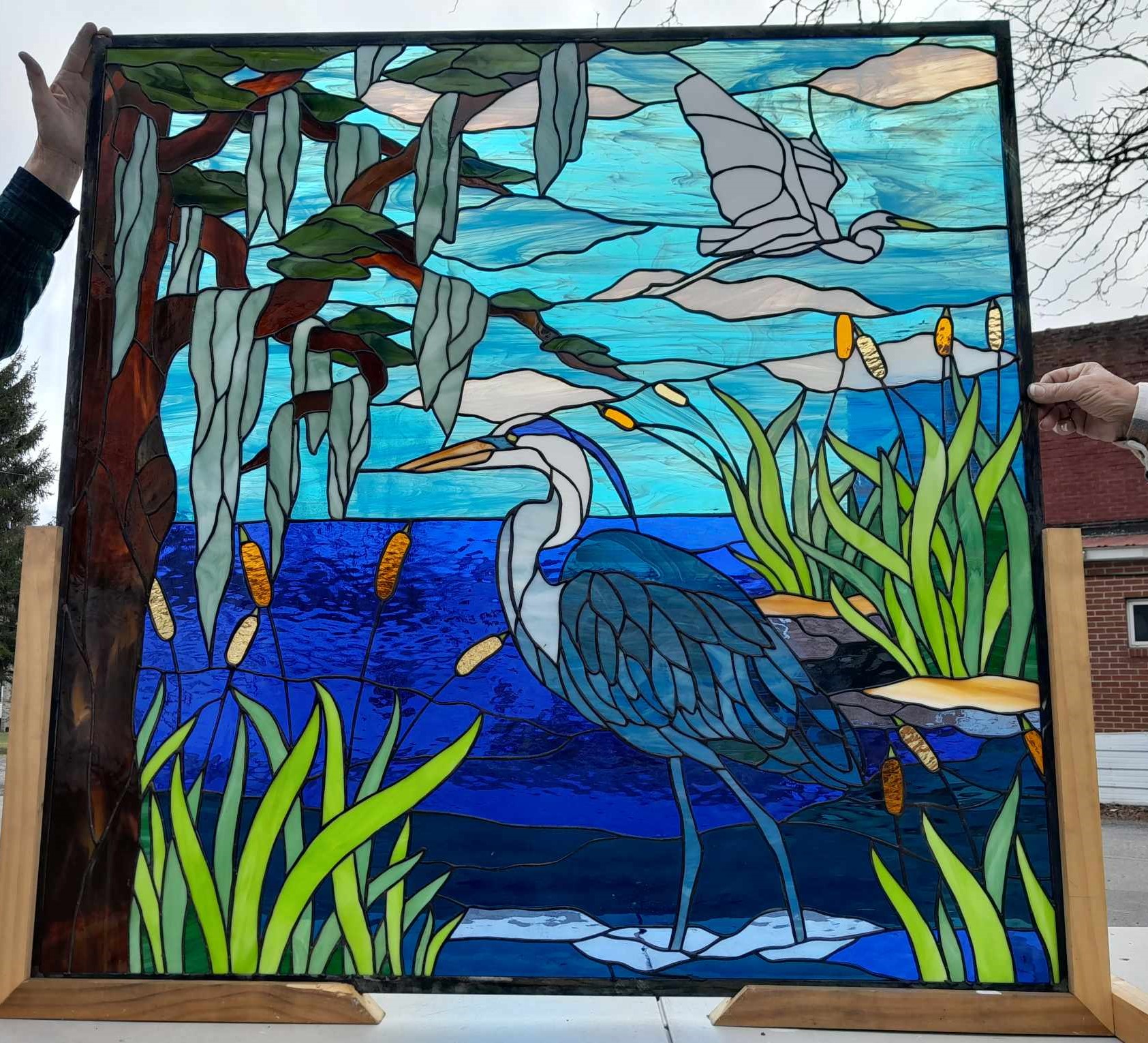 Southern Bayou Serenity: The Blue Heron & Spanish Moss Grand Mural Stained Glass Window Panel P-331 - Image 10