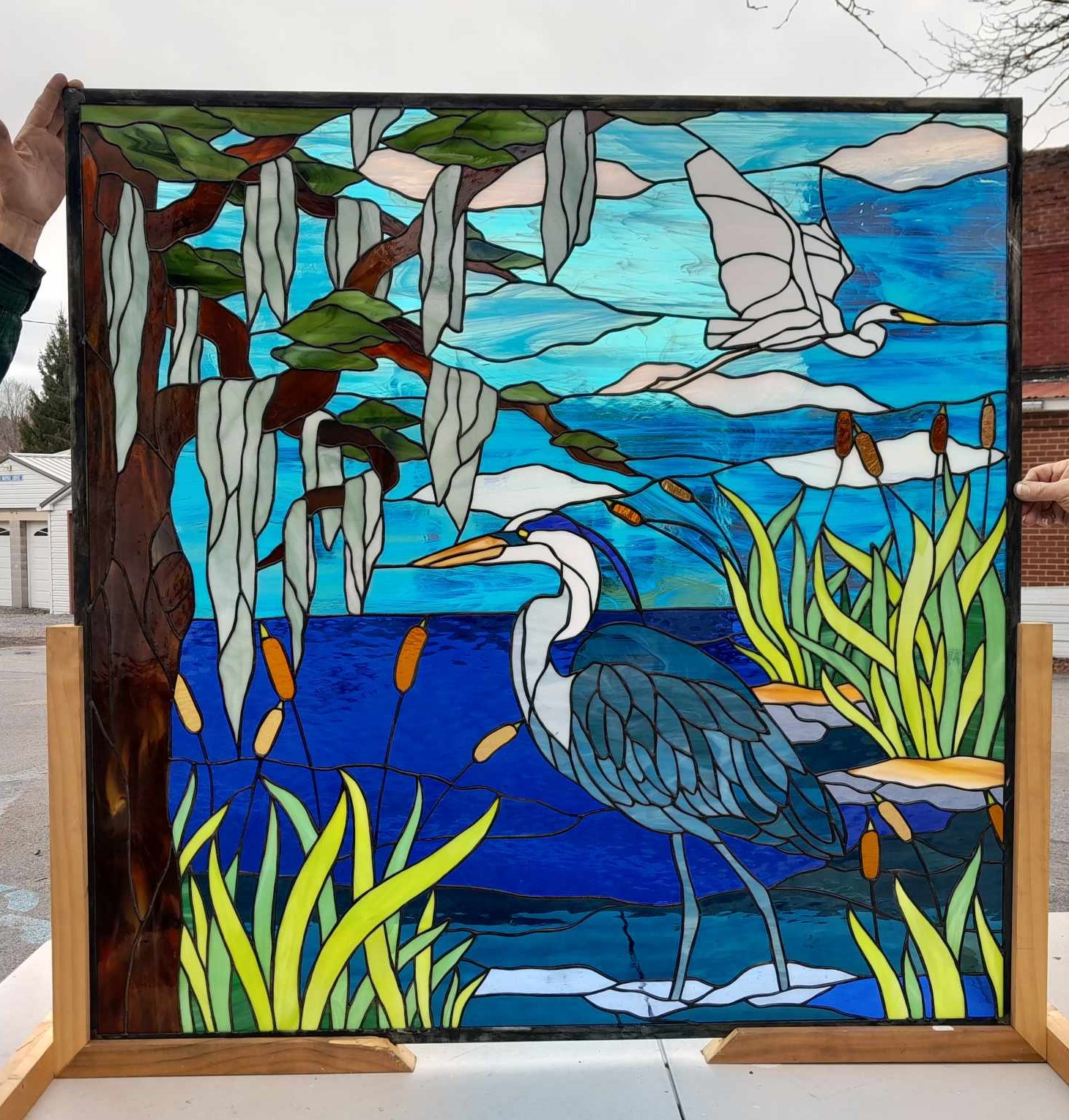 Southern Bayou Serenity: The Blue Heron & Spanish Moss Grand Mural Stained Glass Window Panel P-331 - Image 8