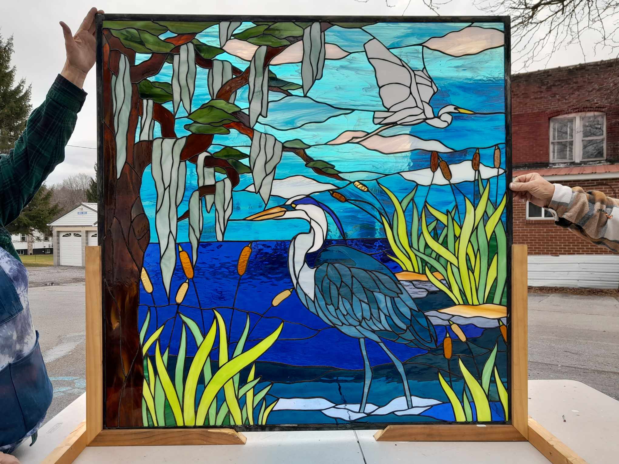 Southern Bayou Serenity: The Blue Heron & Spanish Moss Grand Mural Stained Glass Window Panel P-331 - Image 9