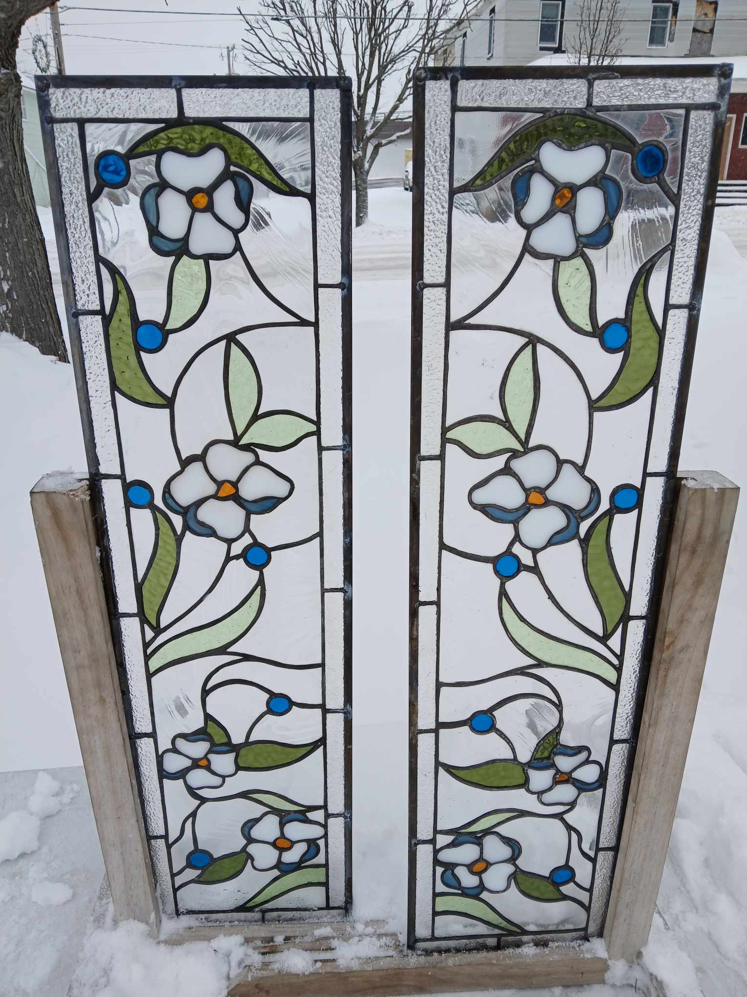 Symmetrical Floral with White Blossoms and Luminous Blue Berries Stained Glass Kitchen Cabinet Insert Window Panels CI-91 - Image 10