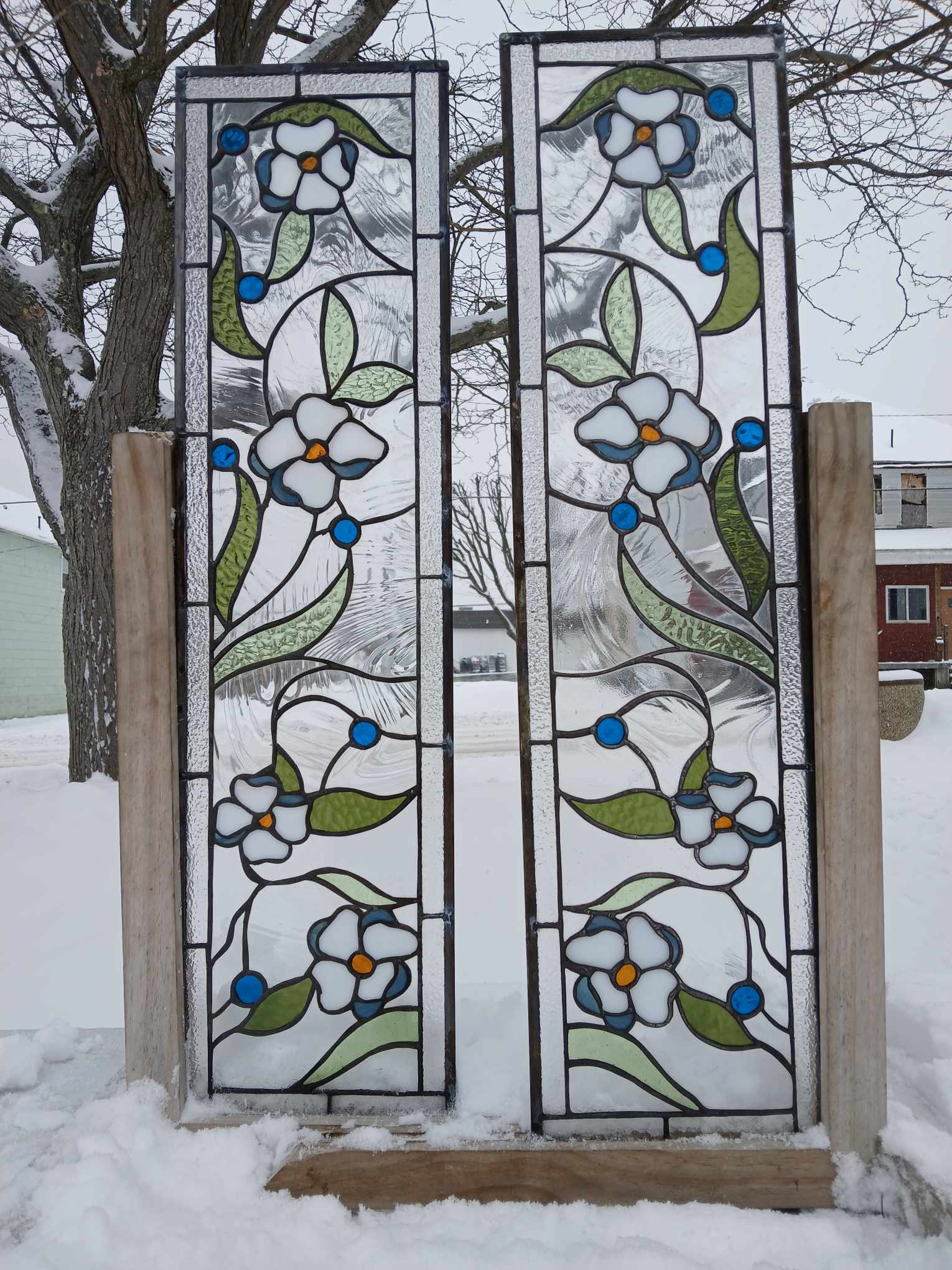 Symmetrical Floral with White Blossoms and Luminous Blue Berries Stained Glass Kitchen Cabinet Insert Window Panels CI-91 - Image 9
