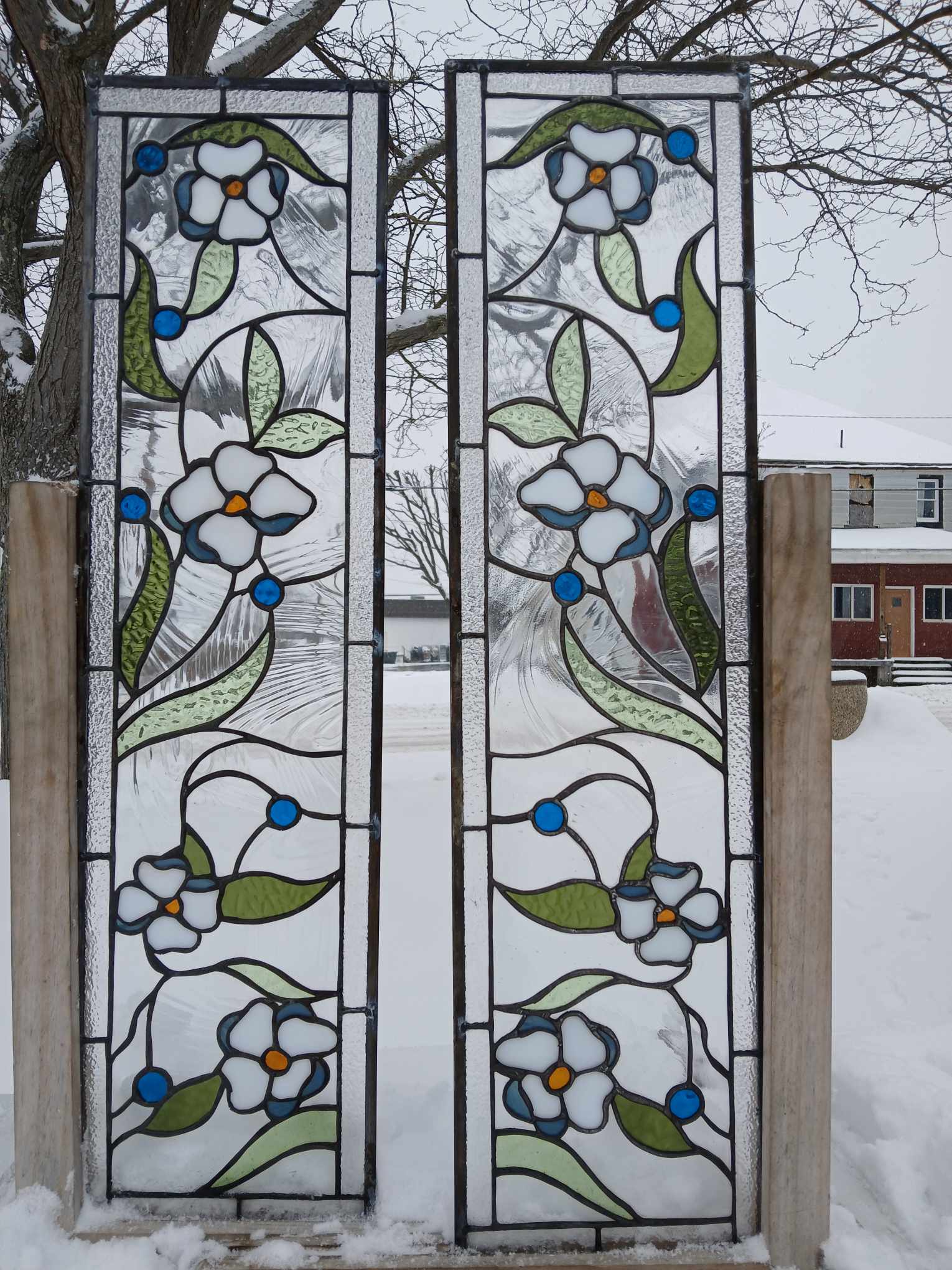 Symmetrical Floral with White Blossoms and Luminous Blue Berries Stained Glass Kitchen Cabinet Insert Window Panels CI-91 - Image 8