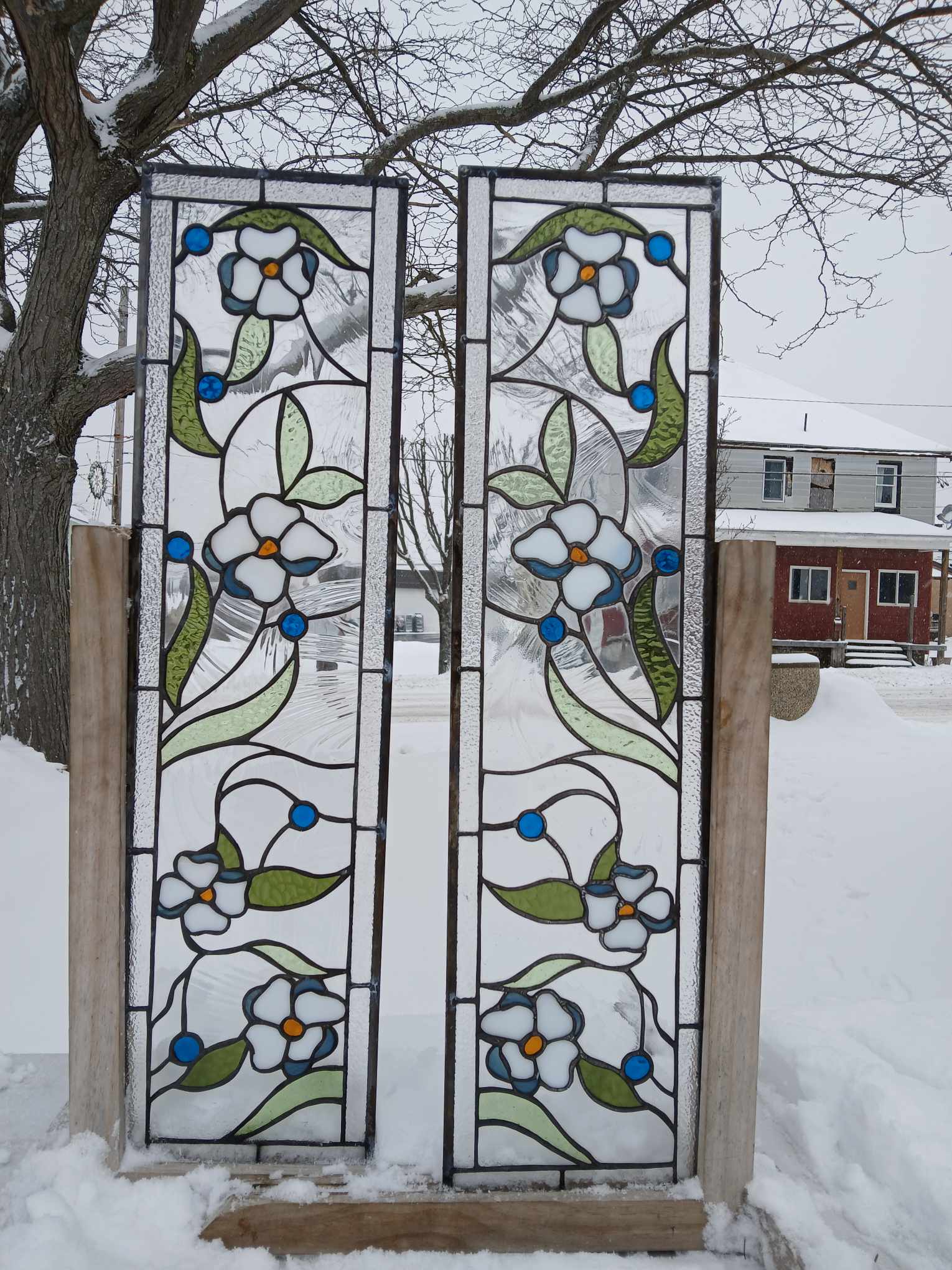 Symmetrical Floral with White Blossoms and Luminous Blue Berries Stained Glass Kitchen Cabinet Insert Window Panels CI-91 - Image 7