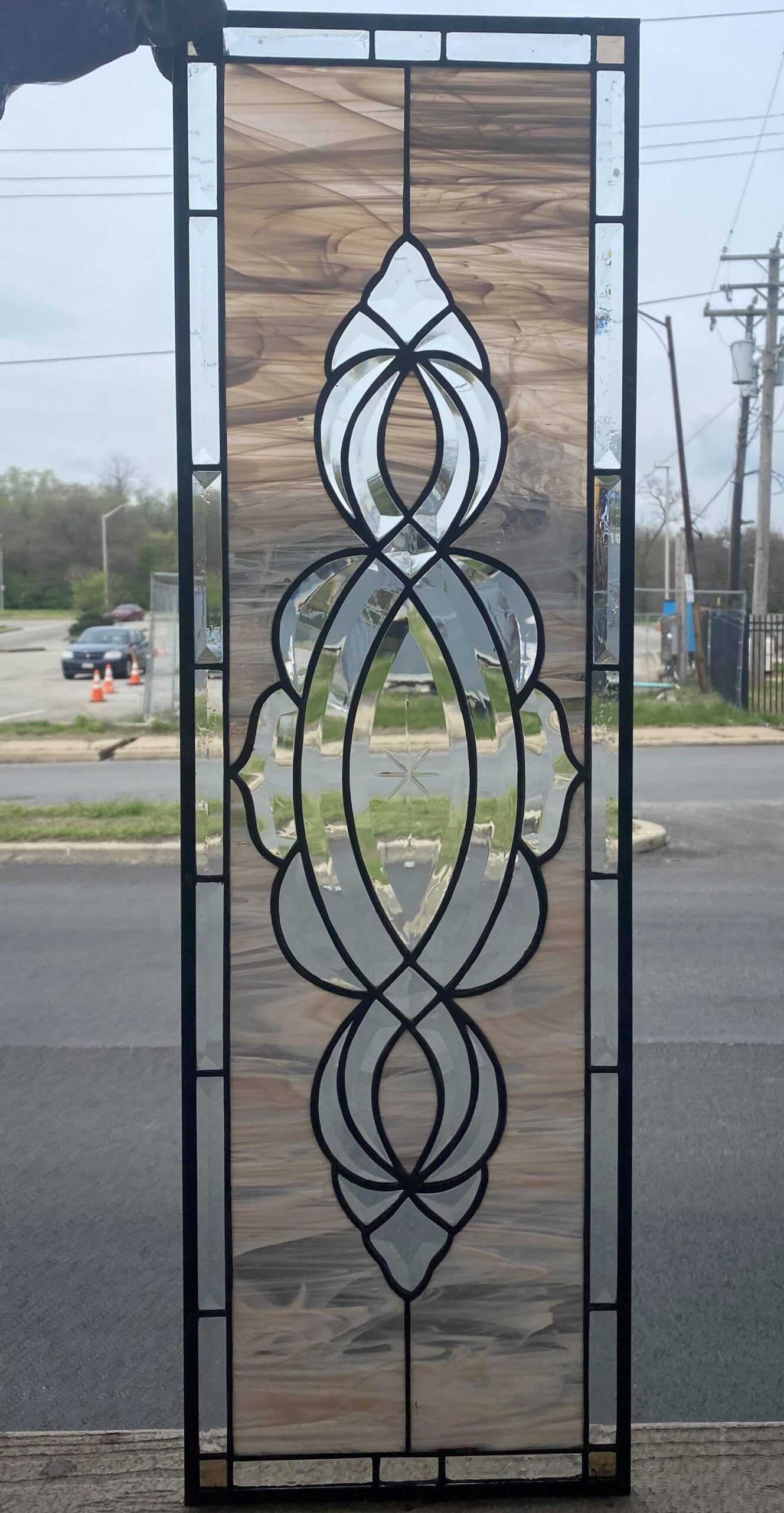 Timeless Symmetry: Beige Opalescent Leaded Stained Glass Cabinet Inserts CI-24 - Image 10