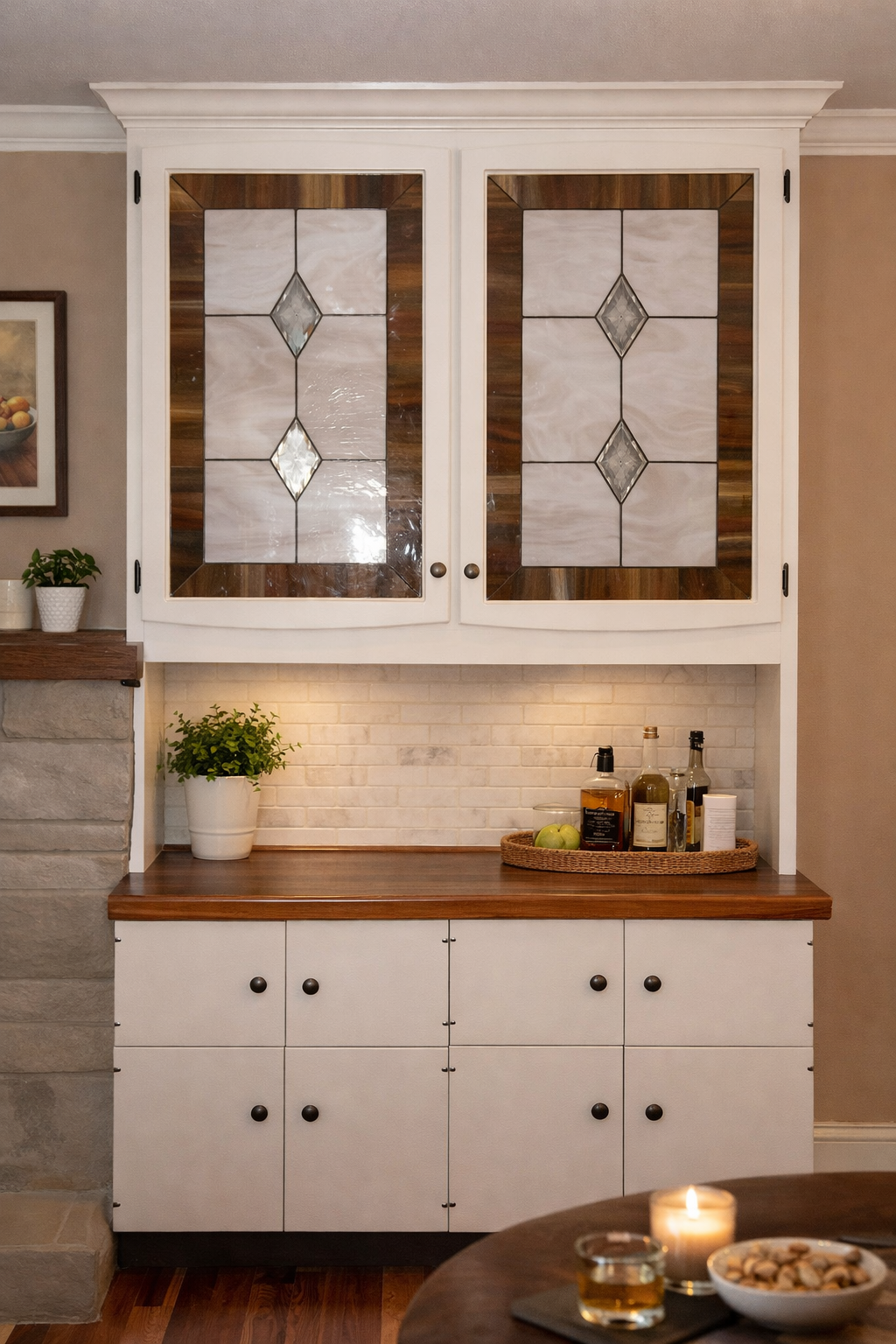 Timeless Symmetry: Champagne & Diamonds Beige Leaded Stained Glass Cabinet Inserts CI-15 - Image 7