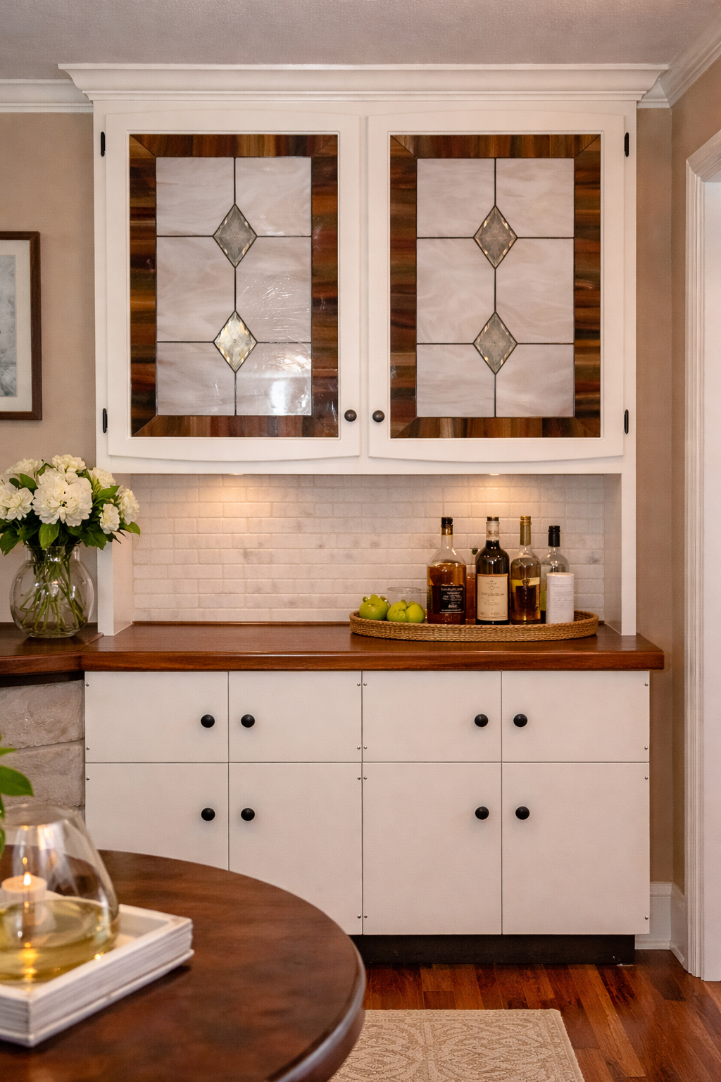 Timeless Symmetry: Champagne & Diamonds Beige Leaded Stained Glass Cabinet Inserts CI-15 - Image 6