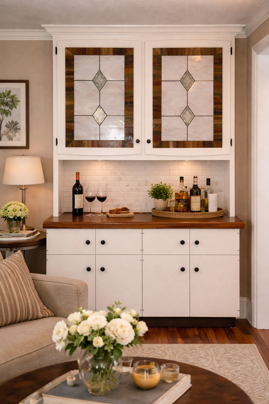 Timeless Symmetry: Champagne & Diamonds Beige Leaded Stained Glass Cabinet Inserts CI-15 - Image 5