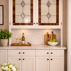 Timeless Symmetry: Champagne & Diamonds Beige Leaded Stained Glass Cabinet Inserts CI-15