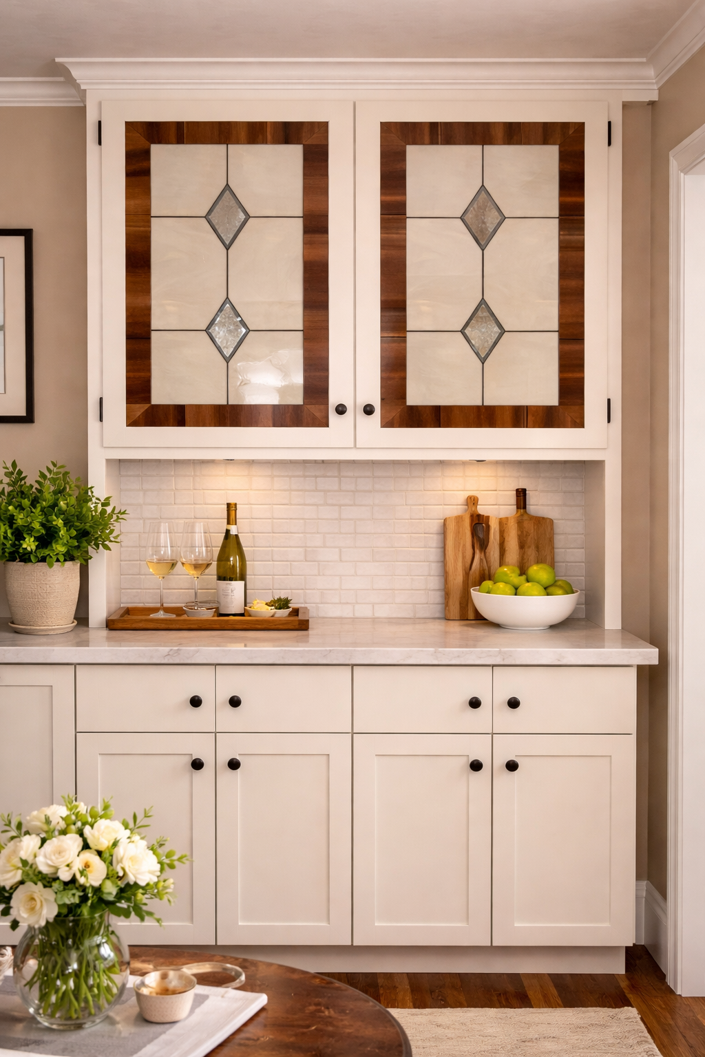 Timeless Symmetry: Champagne & Diamonds Beige Leaded Stained Glass Cabinet Inserts CI-15
