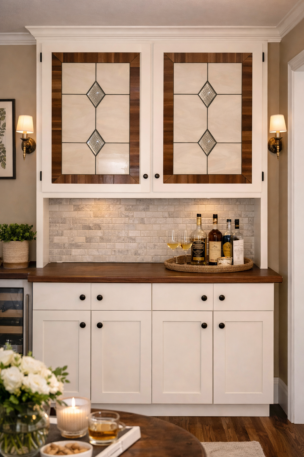 Timeless Symmetry: Champagne & Diamonds Beige Leaded Stained Glass Cabinet Inserts CI-15 - Image 3