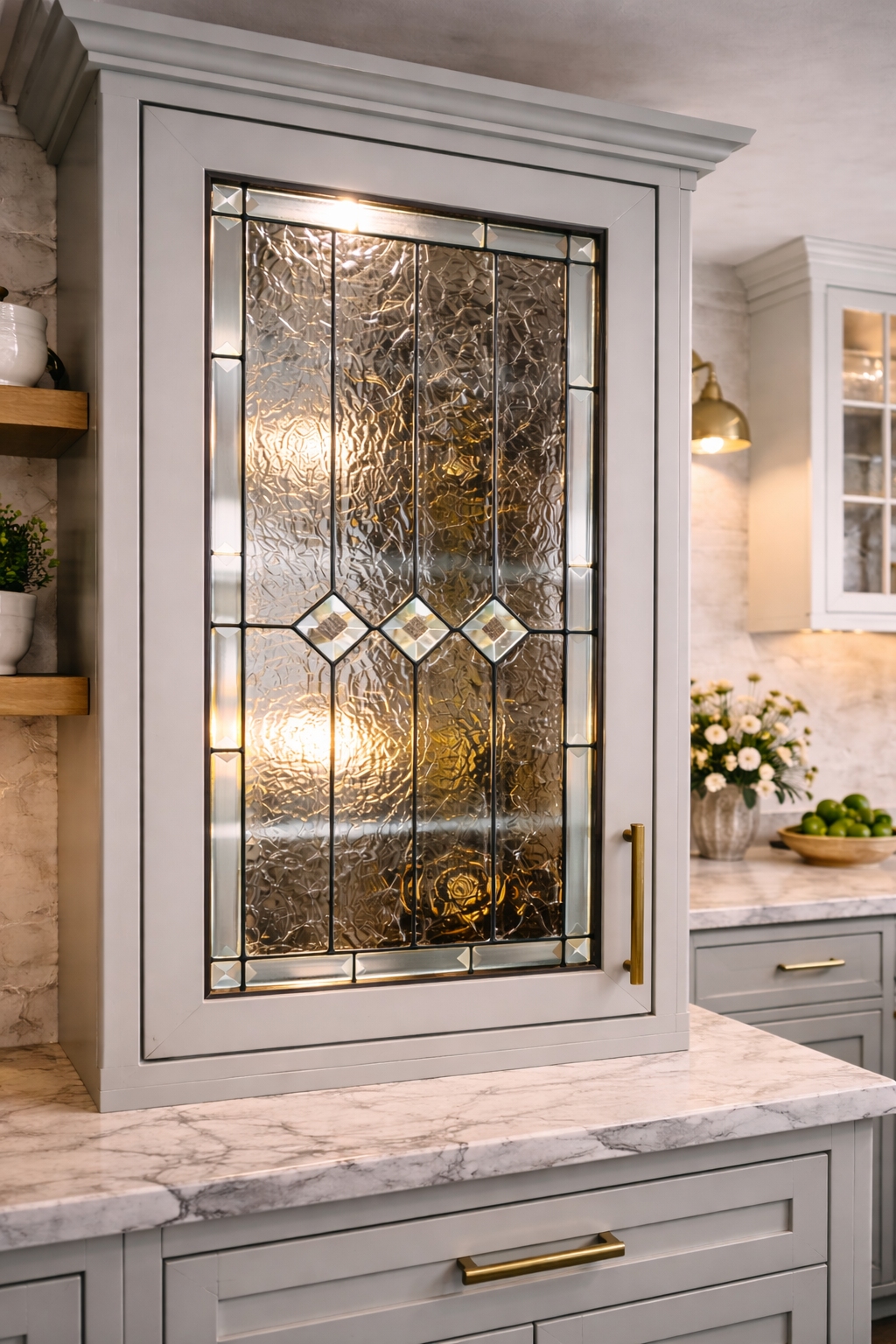 Ice & Diamonds: Clear Textured Leaded Stained Glass Kitchen Cabinet Inserts CI-23 - Image 6