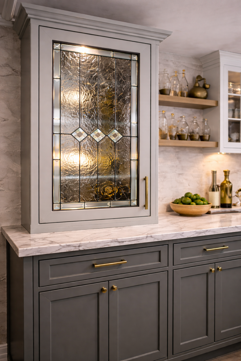 Ice & Diamonds: Clear Textured Leaded Stained Glass Kitchen Cabinet Inserts CI-23