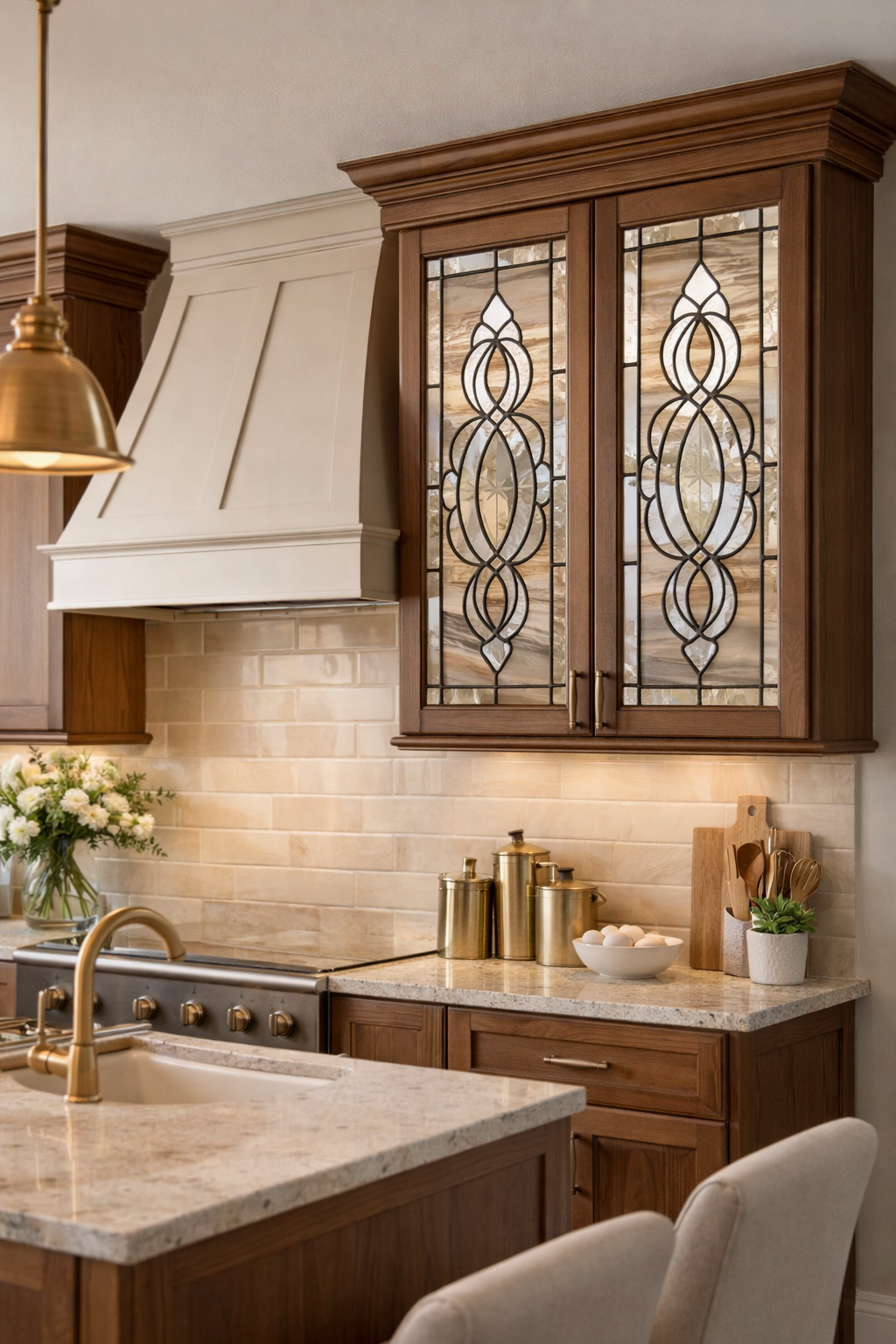 Timeless Symmetry: Beige Opalescent Leaded Stained Glass Cabinet Inserts CI-24
