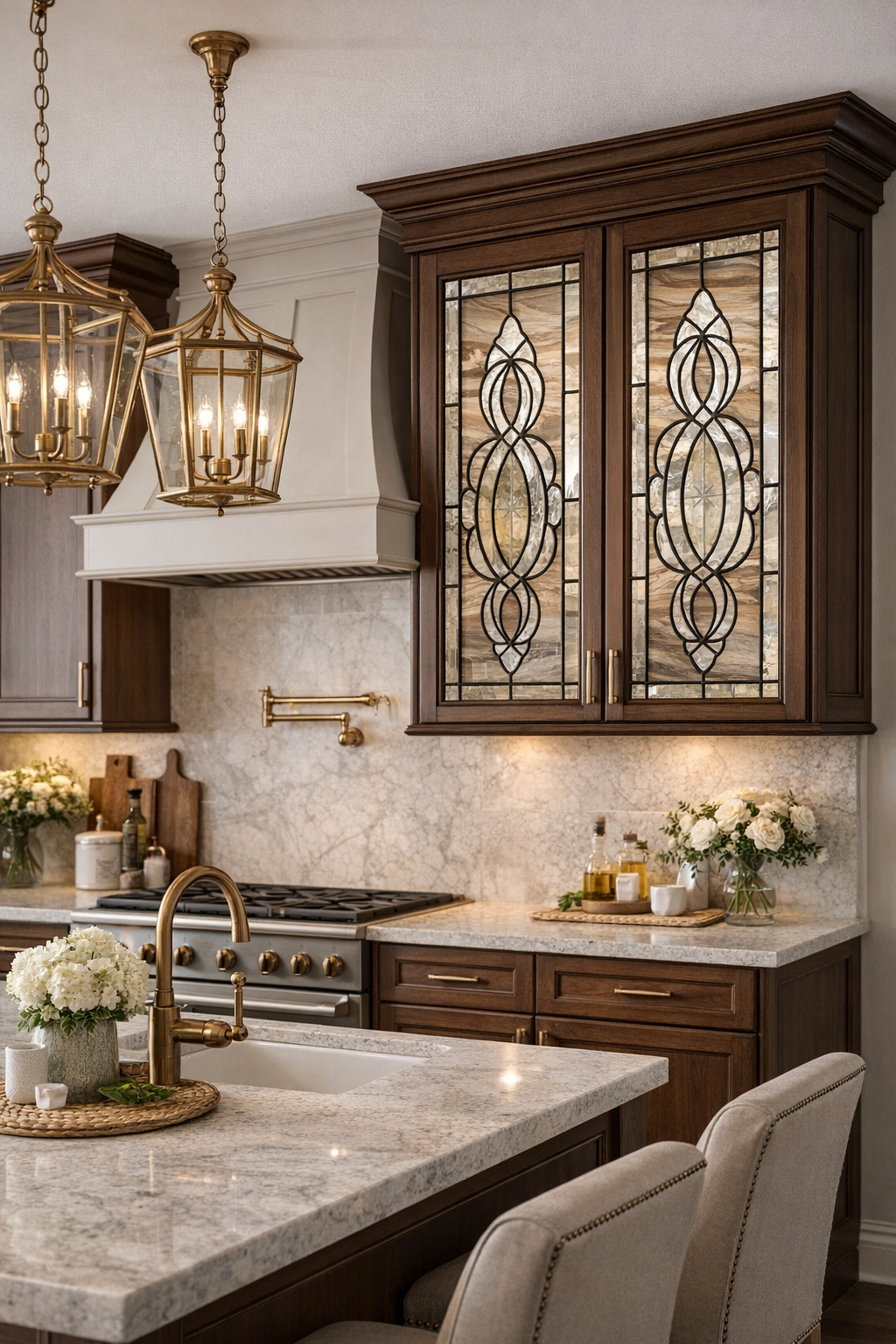 Timeless Symmetry: Beige Opalescent Leaded Stained Glass Cabinet Inserts CI-24 - Image 8