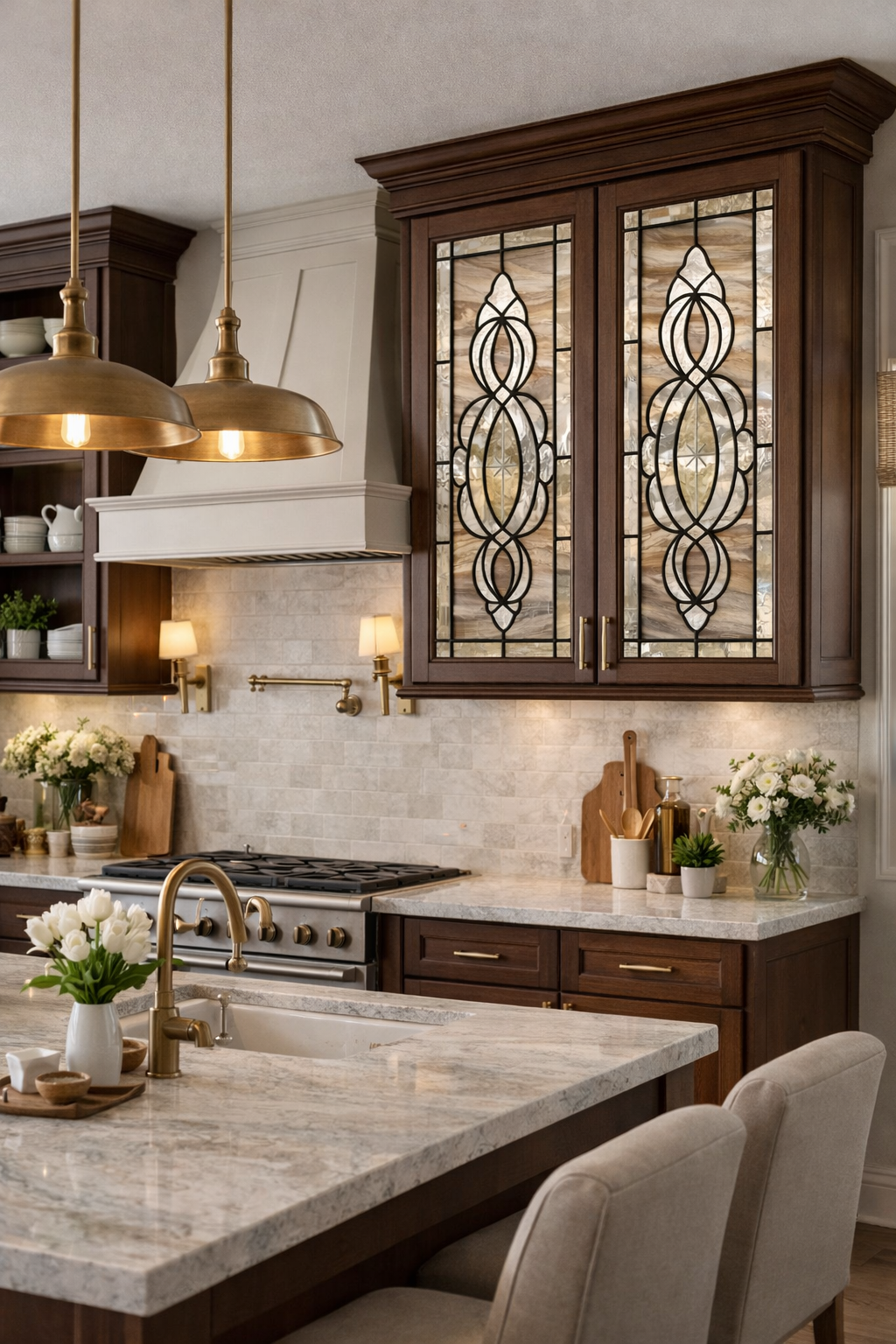 Timeless Symmetry: Beige Opalescent Leaded Stained Glass Cabinet Inserts CI-24 - Image 7