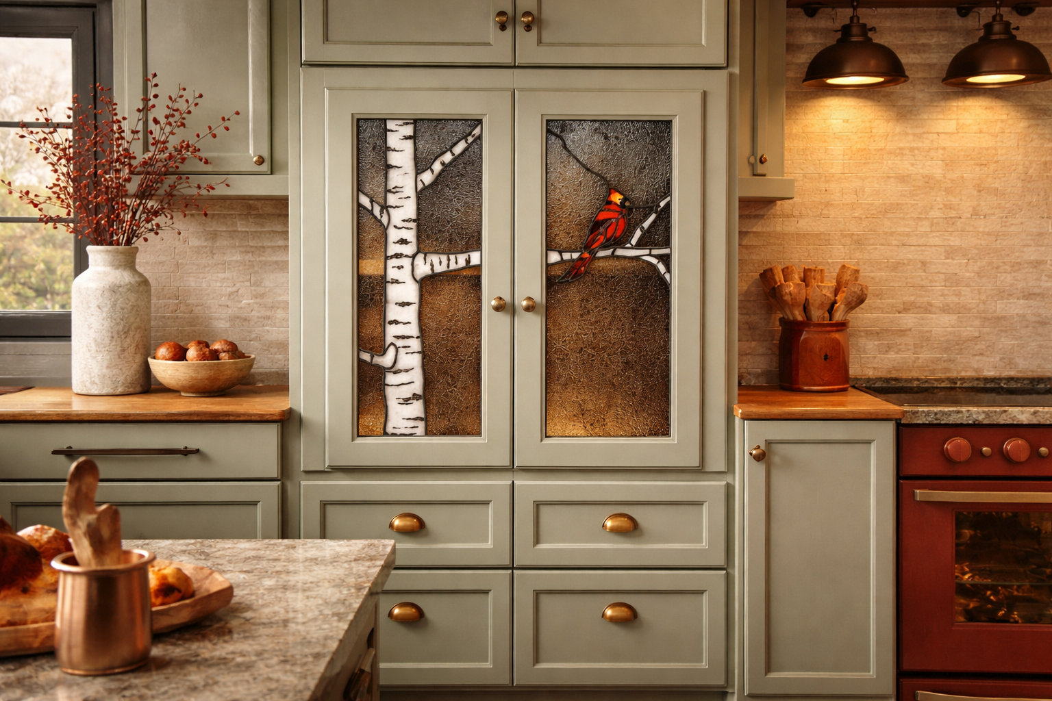 Winter's Watch: A Cardinal & Birch Stained Glass Duo Cabinet Inserts CI-36