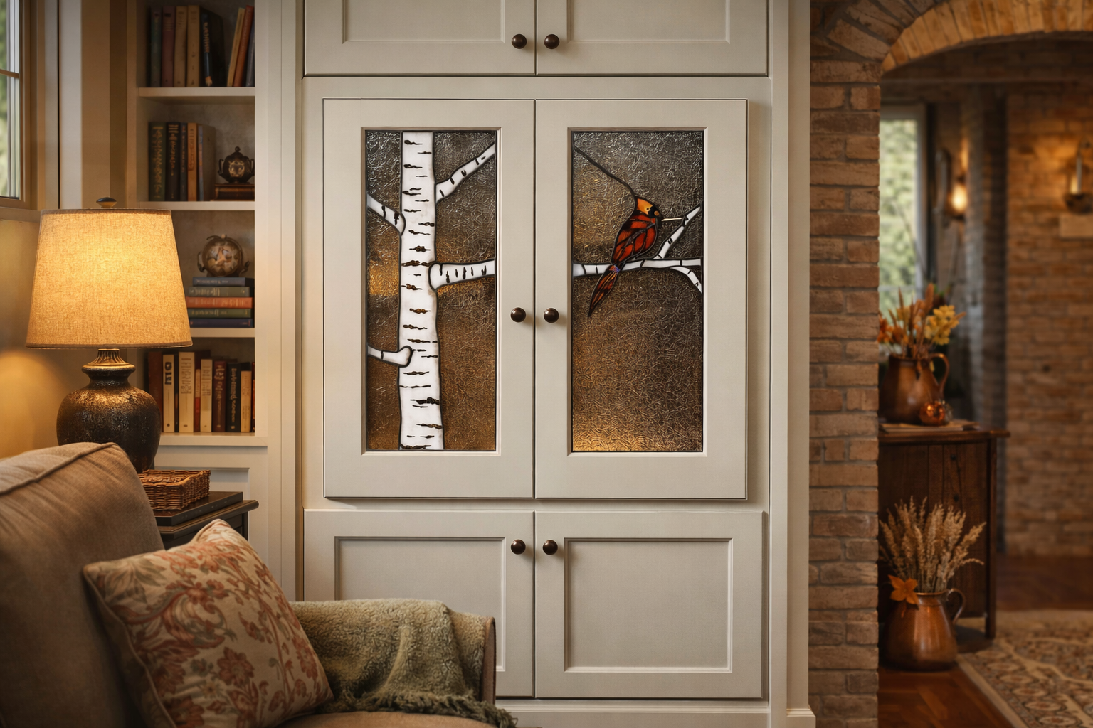 Winter's Watch: A Cardinal & Birch Stained Glass Duo Cabinet Inserts CI-36 - Image 4