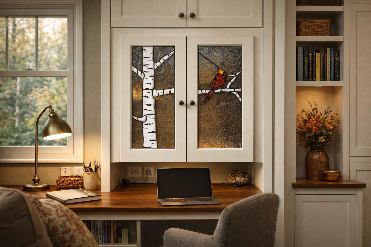 Winter's Watch: A Cardinal & Birch Stained Glass Duo Cabinet Inserts CI-36 - Image 3