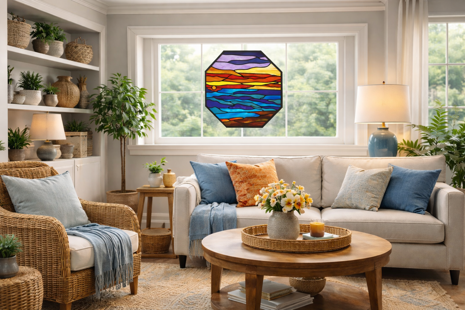 Twilight Horizon: The Octagonal Oceanic Sunset Stained Glass Window W-499 - Image 9