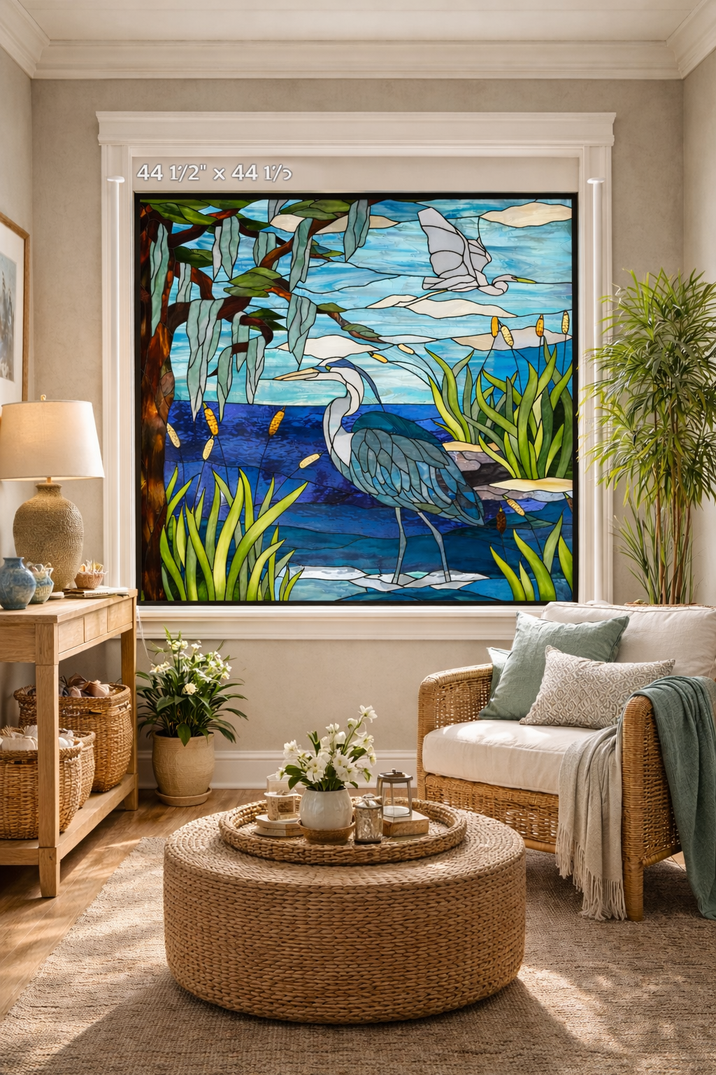 Southern Bayou Serenity: The Blue Heron & Spanish Moss Grand Mural Stained Glass Window Panel P-331 - Image 7