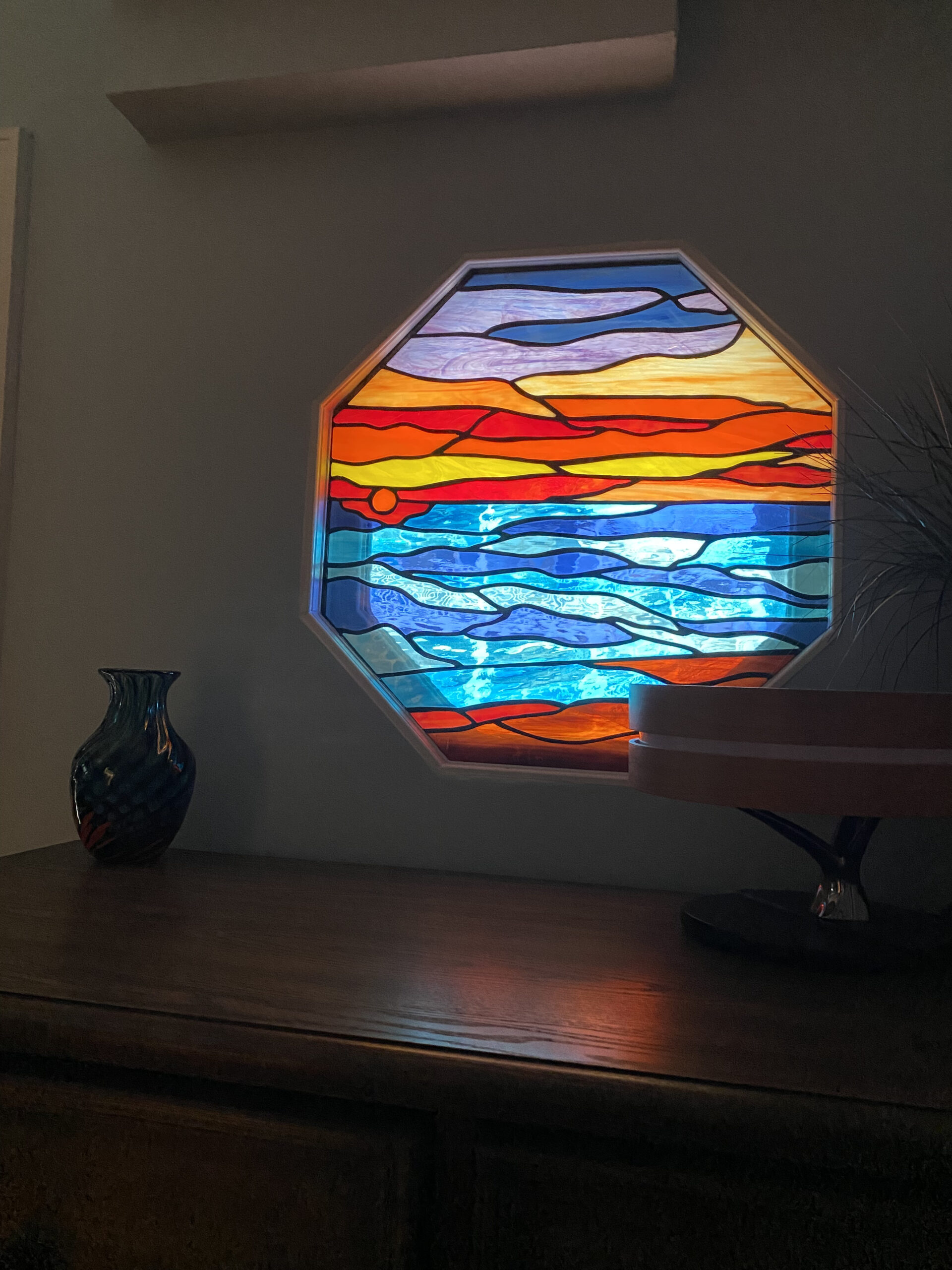 Twilight Horizon: The Octagonal Oceanic Sunset Stained Glass Window W-499