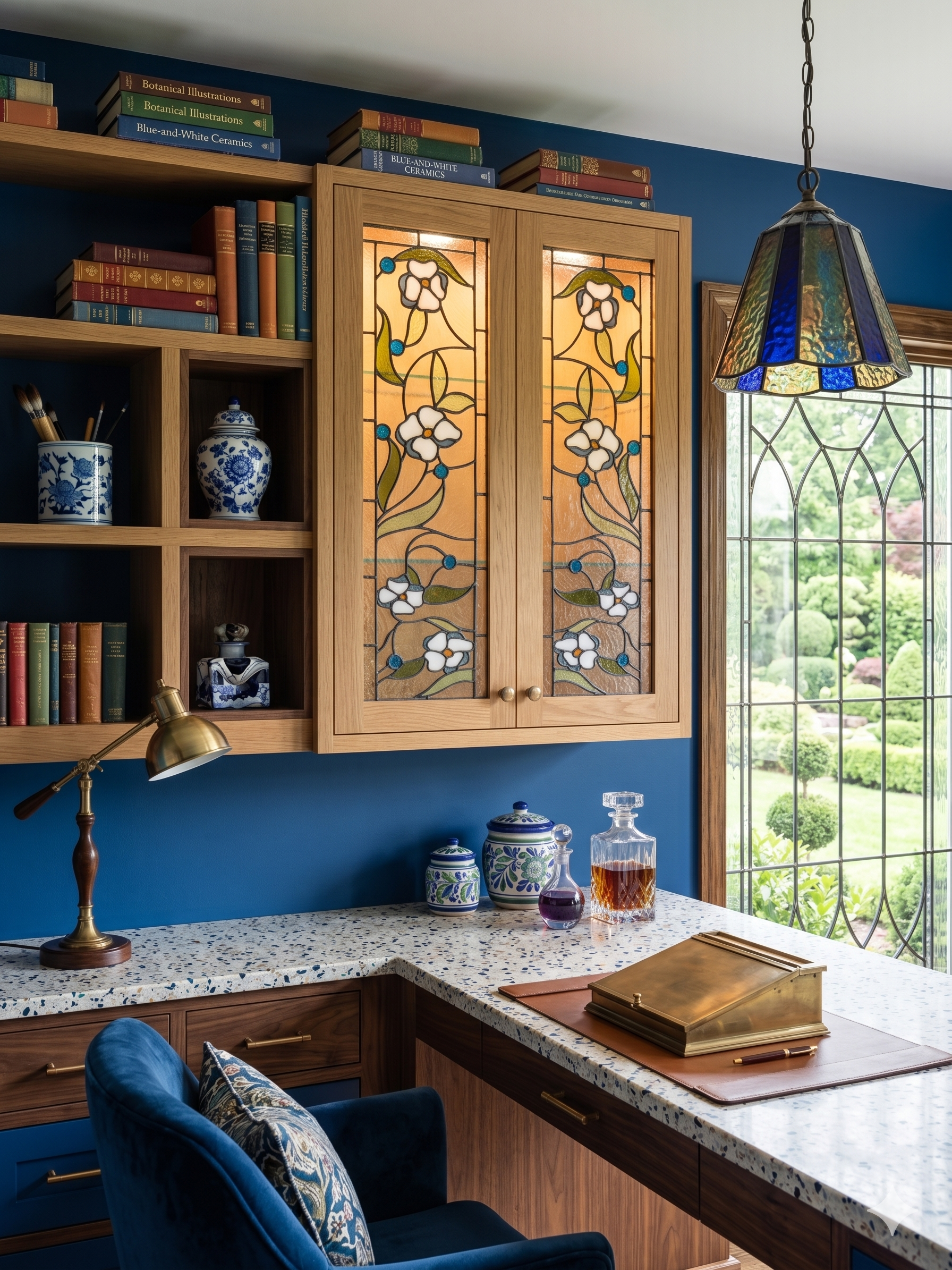 Symmetrical Floral with White Blossoms and Luminous Blue Berries Stained Glass Kitchen Cabinet Insert Window Panels CI-91 - Image 5
