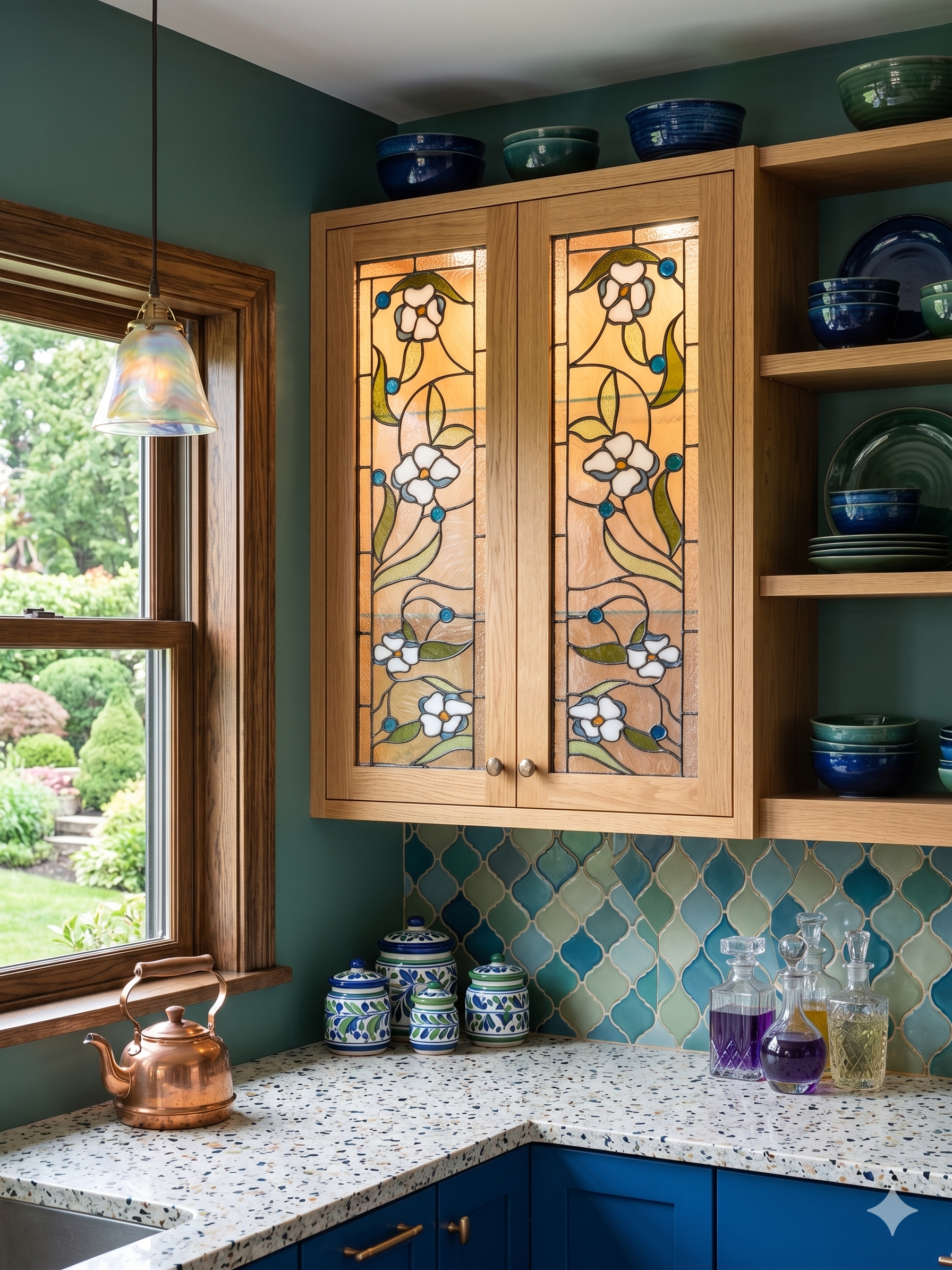 Symmetrical Floral with White Blossoms and Luminous Blue Berries Stained Glass Kitchen Cabinet Insert Window Panels CI-91